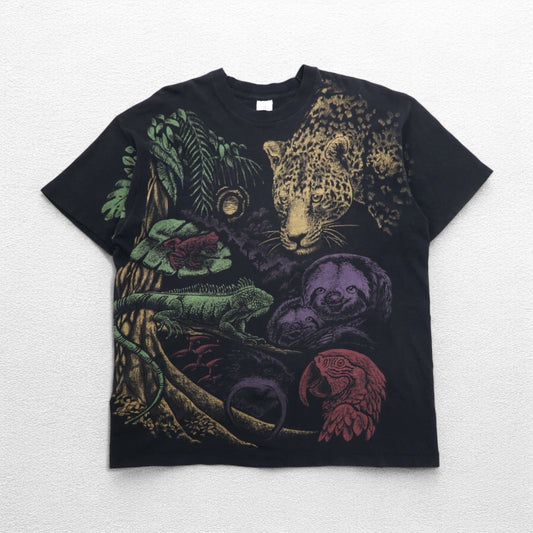 USA製 80年代 FRUIT OF THE LOOM シングルステッチ 総柄 アニマル Tシャツ 2XL ブラック コットン