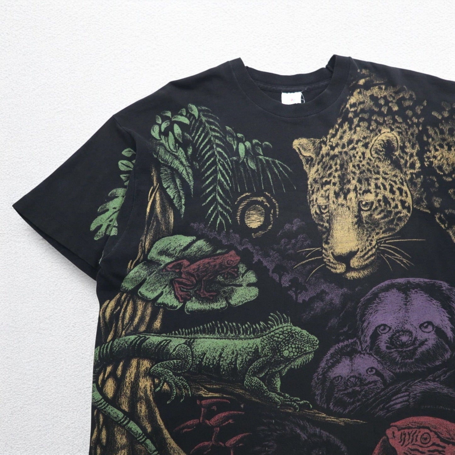 USA製 80年代 FRUIT OF THE LOOM シングルステッチ 総柄 アニマル Tシャツ 2XL ブラック コットン