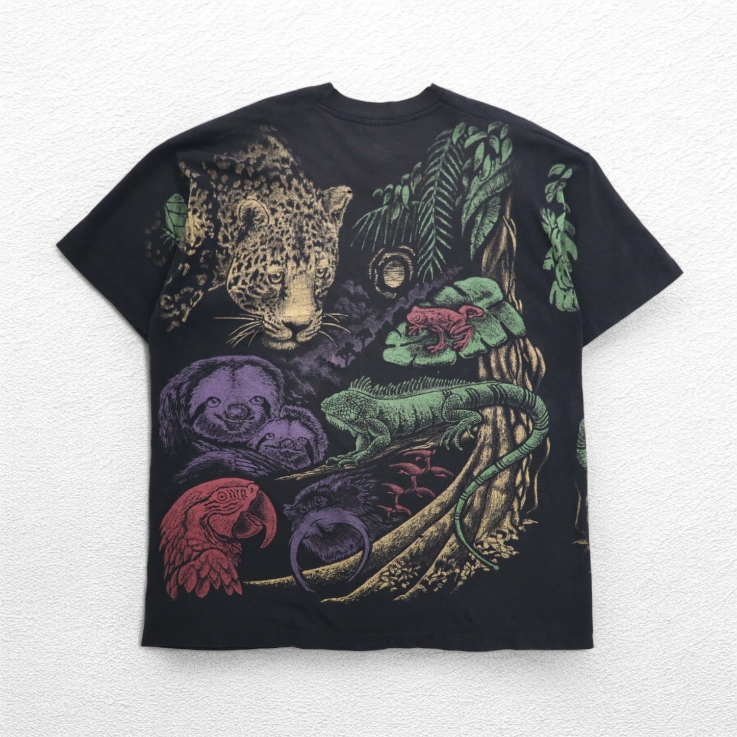 USA製 80年代 FRUIT OF THE LOOM シングルステッチ 総柄 アニマル Tシャツ 2XL ブラック コットン