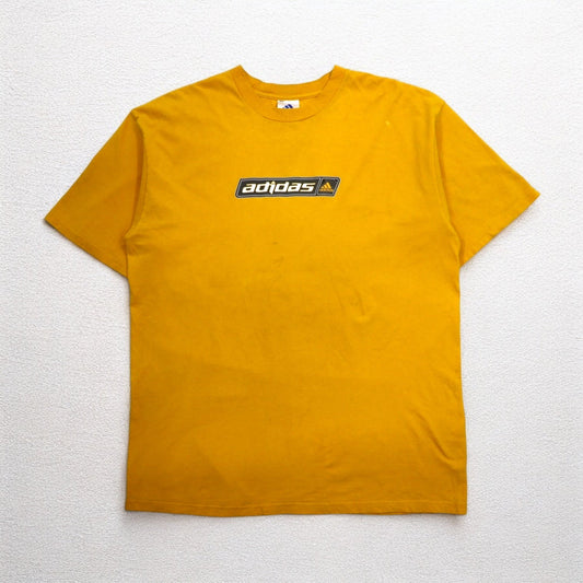 adidas カナダ製 00年代 3ストライプ ロゴプリント Tシャツ XL イエロー コットン