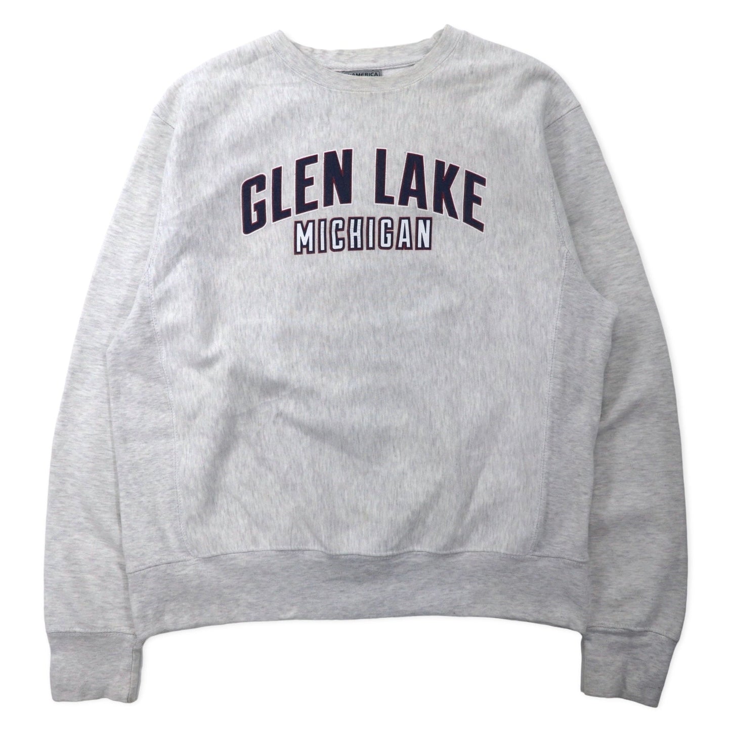J AMERICA カレッジ プリント スウェット L グレー コットン パキ綿 GLEN LAKE MICHIGAN ビッグサイズ リバースウィーブ