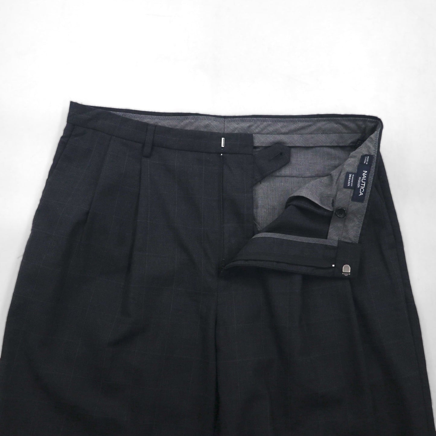 NAUTICA RIGGER クラシックフィット 2タック ワイド スラックスパンツ L グレー チェック ウール