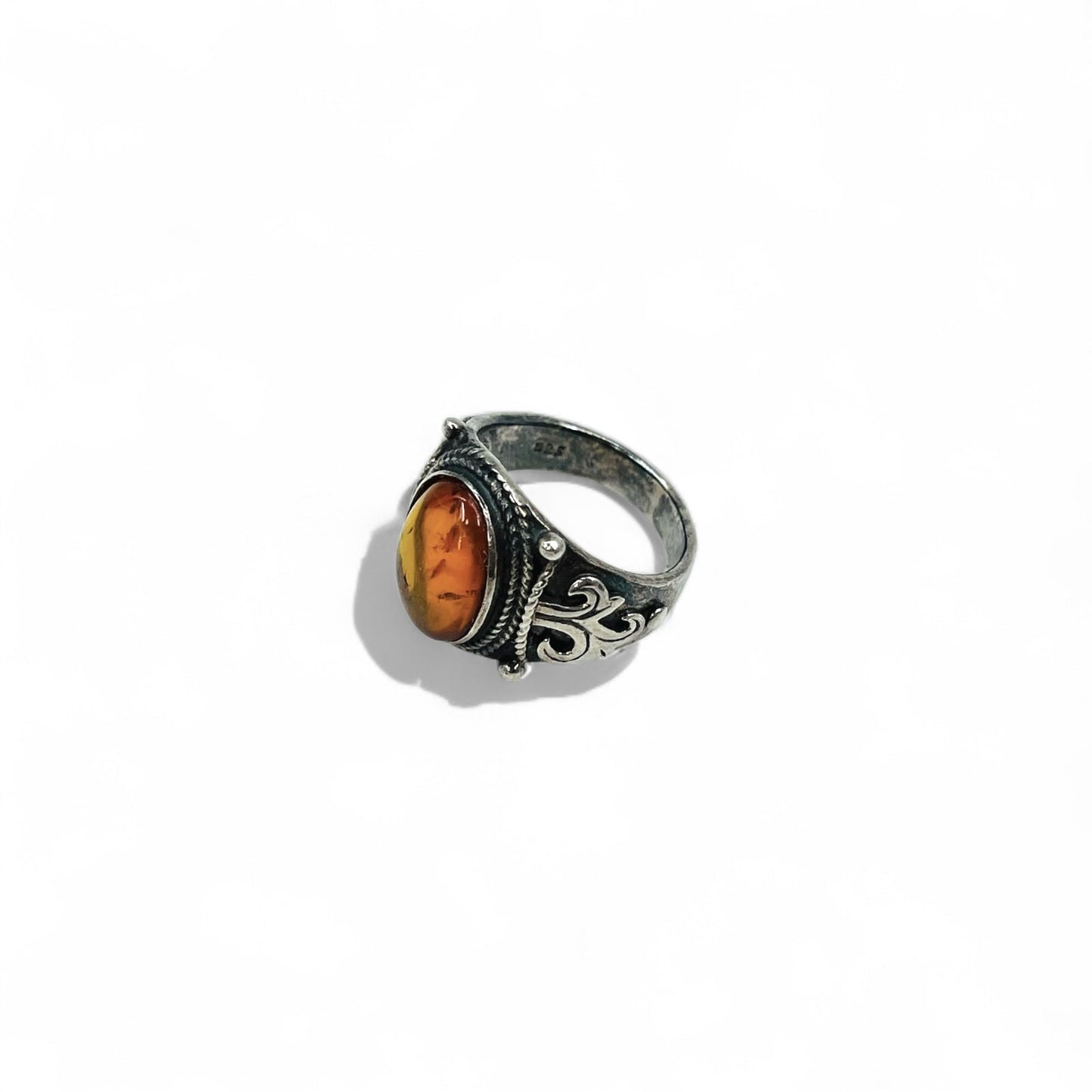 Vintage Silver Amber Ring ヴィンテージ オーバル 琥珀 ストーン リング 指輪 17号 シルバー 925