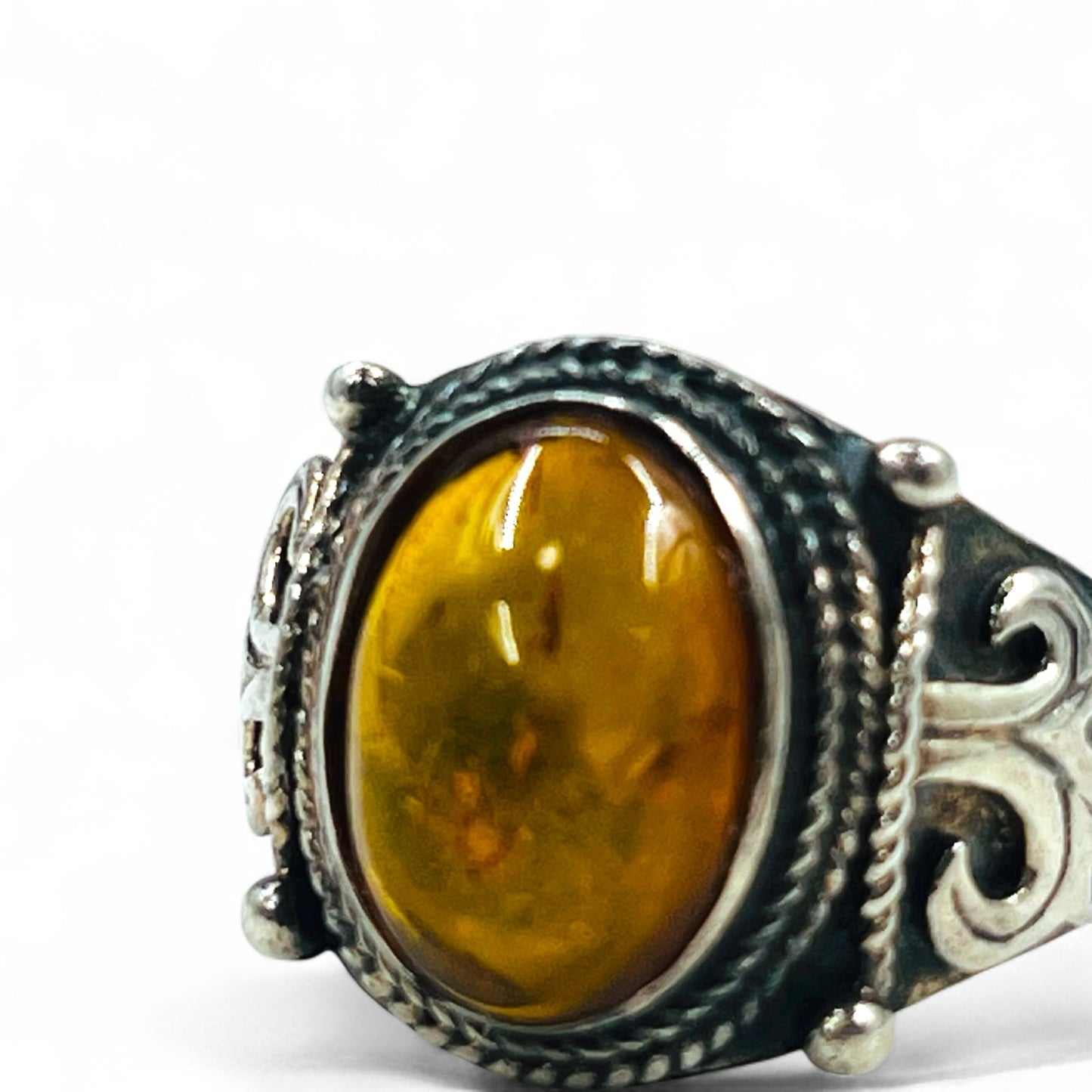 Vintage Silver Amber Ring ヴィンテージ オーバル 琥珀 ストーン リング 指輪 17号 シルバー 925