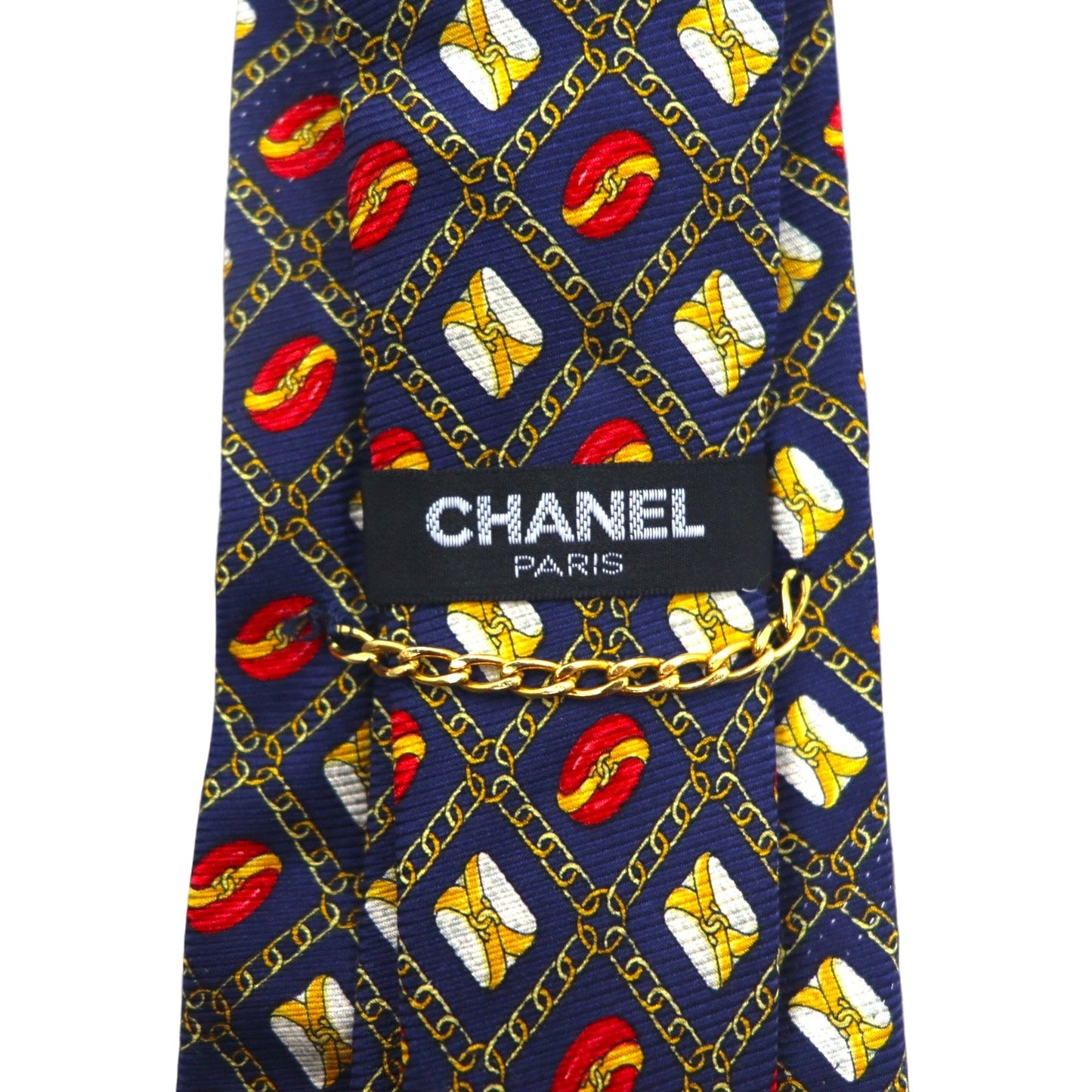 CHANEL イタリア製 ヴィンテージ ネクタイ ネイビー シルク 総柄 チェーン