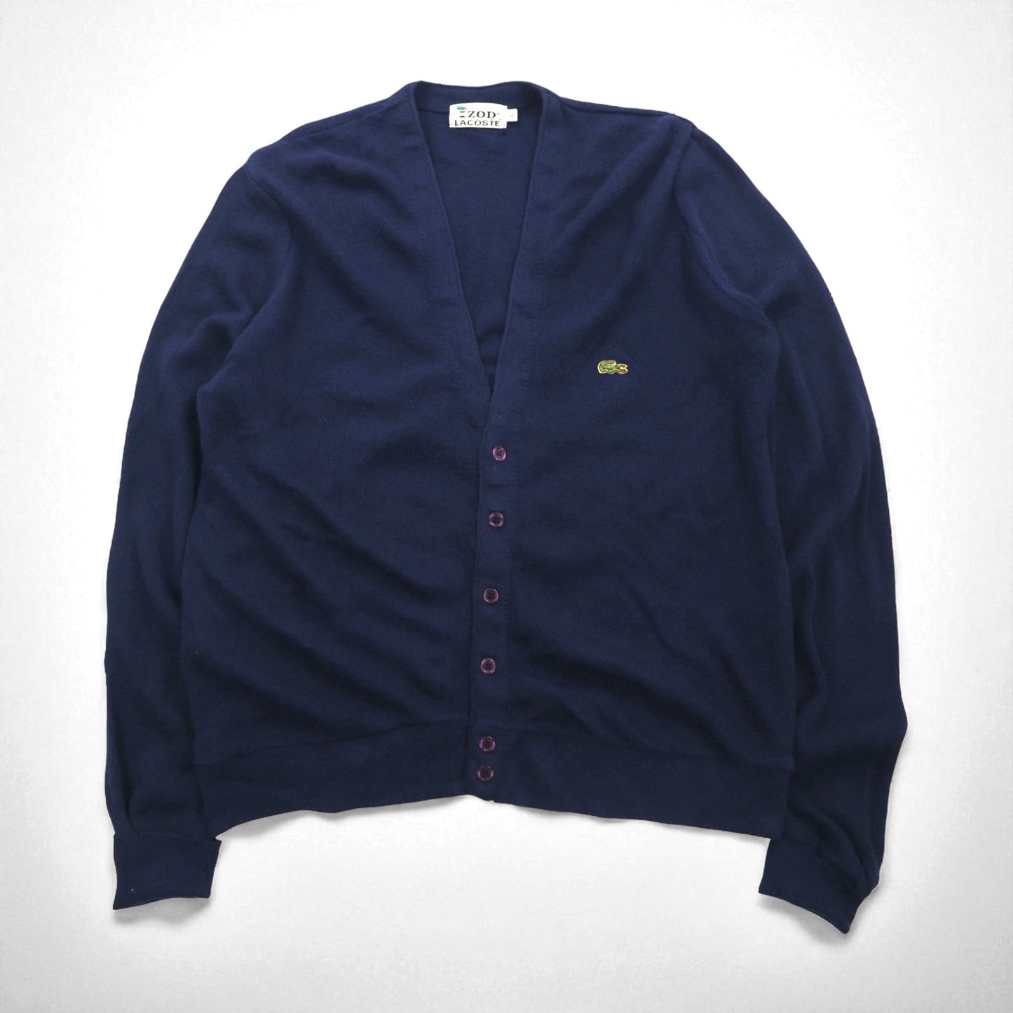 IZOD LACOSTE 70年代 糸巻きタグ アクリルニット カーディガン L ネイビー ワンポイントロゴ