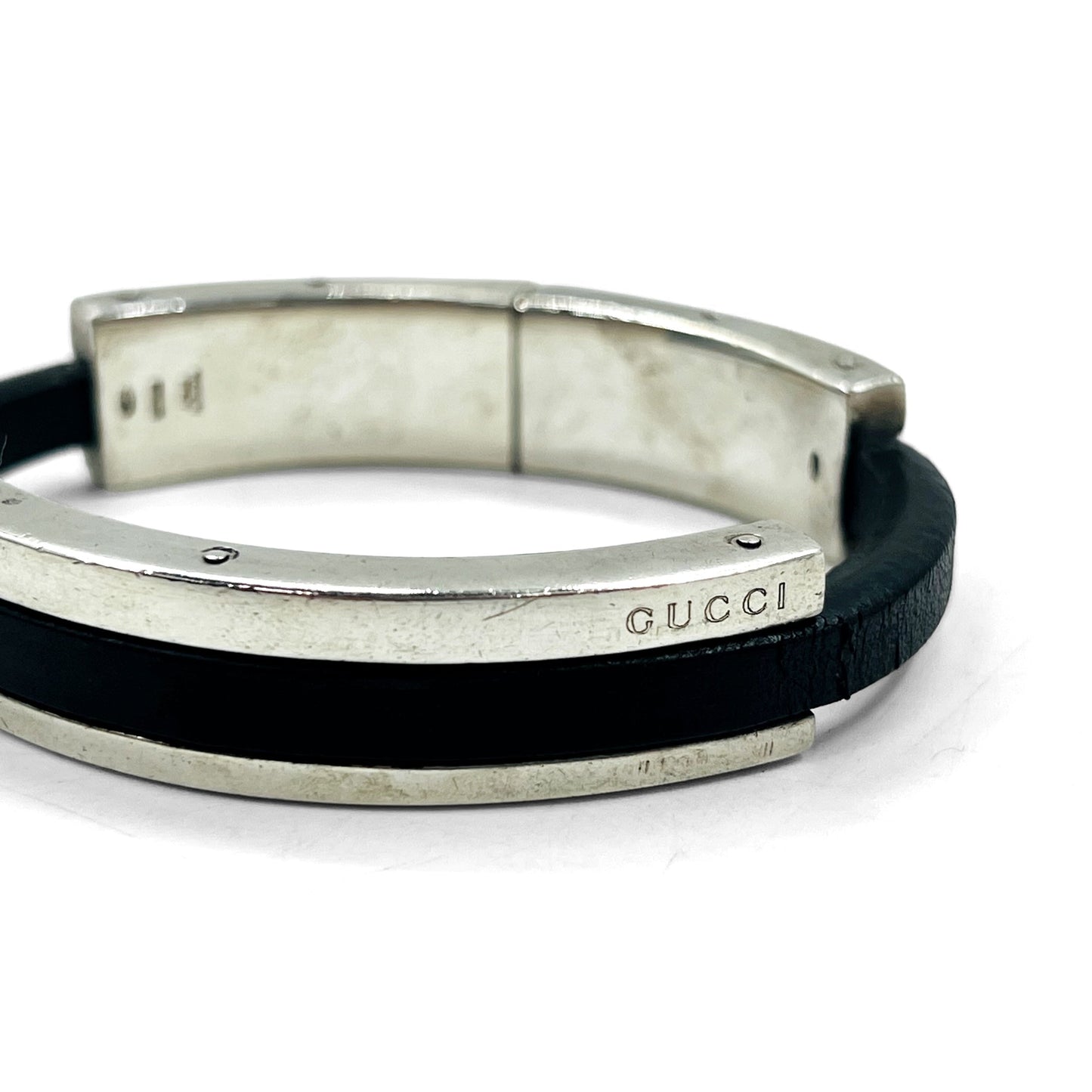 GUCCI レザー シルバー バングル ブレスレット Silver 925 ブラック イタリア製