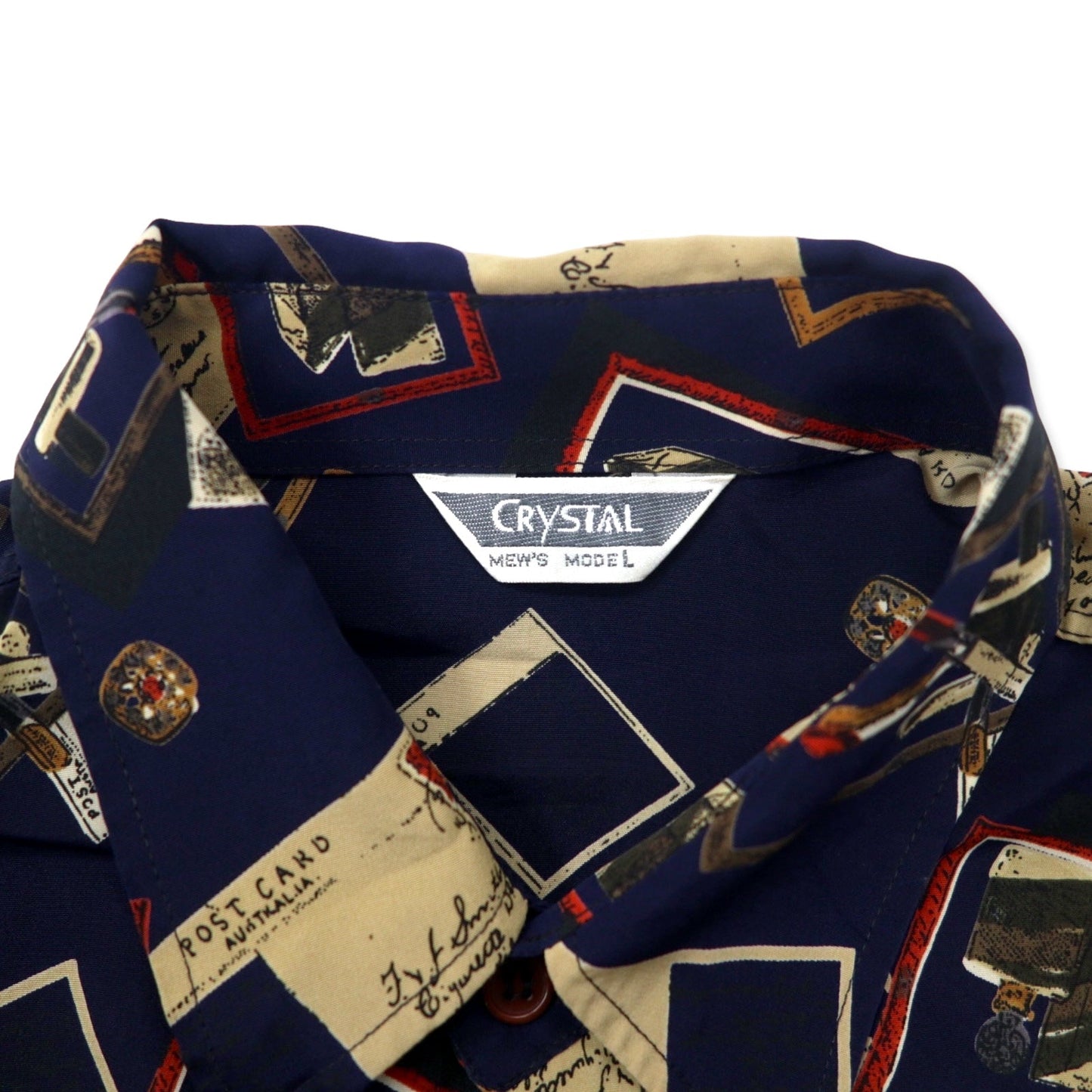 CRYSTAL 総柄 レトロ ポリシャツ L ネイビー ポリエステル