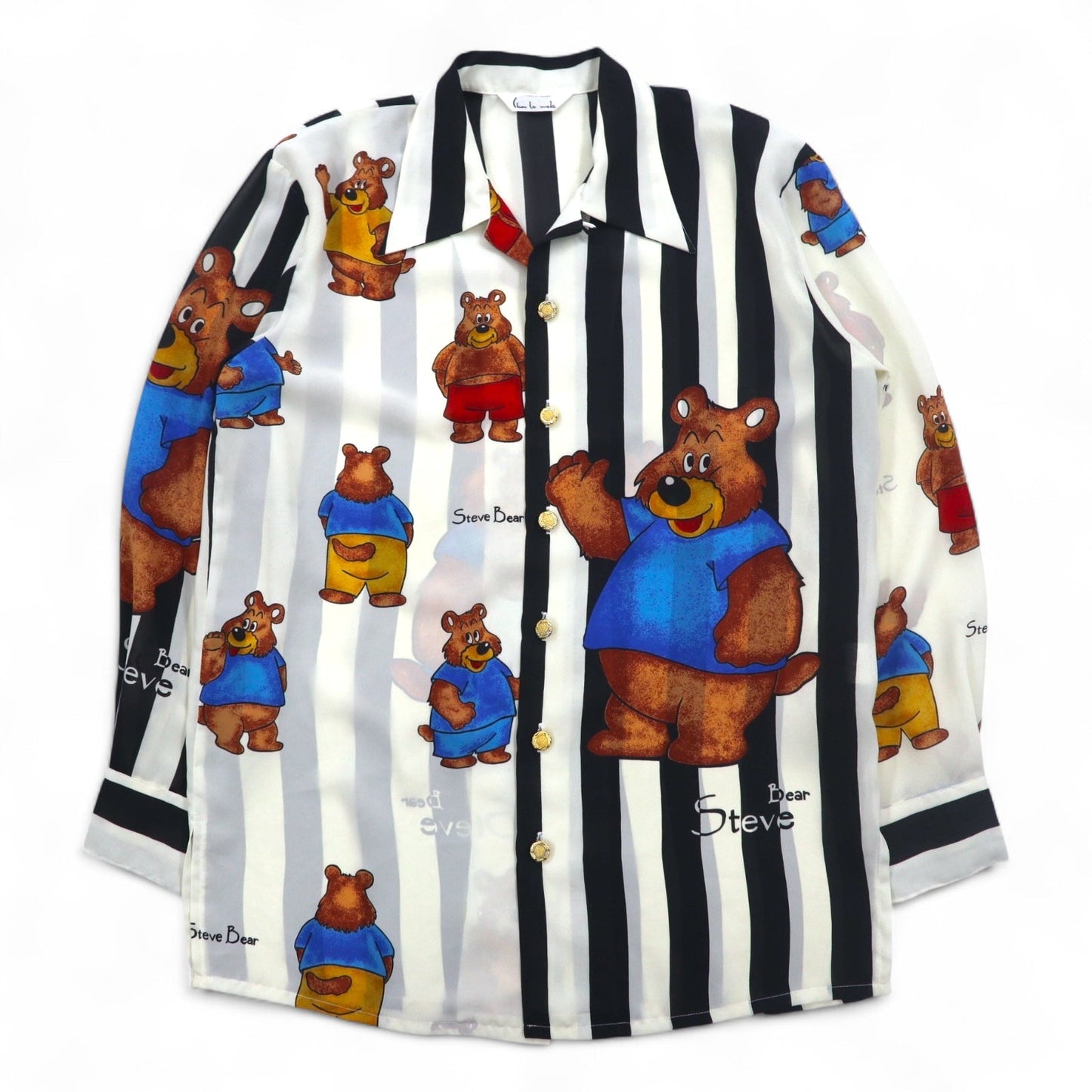 Vintage 90s Japan Made Open Collar Retro Shirt オープンカラー ポリシャツ M ストライプ 総柄 テディーベア 金ボタン レトロ 日本製
