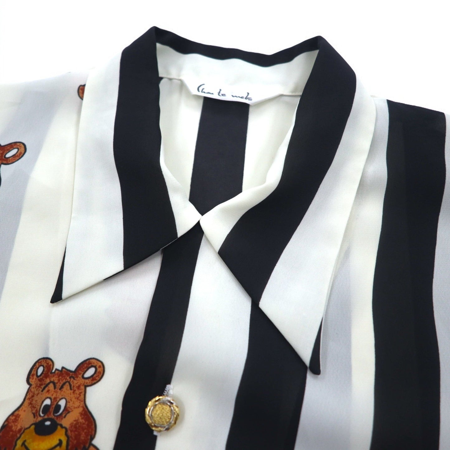 Vintage 90s Japan Made Open Collar Retro Shirt オープンカラー ポリシャツ M ストライプ 総柄 テディーベア 金ボタン レトロ 日本製
