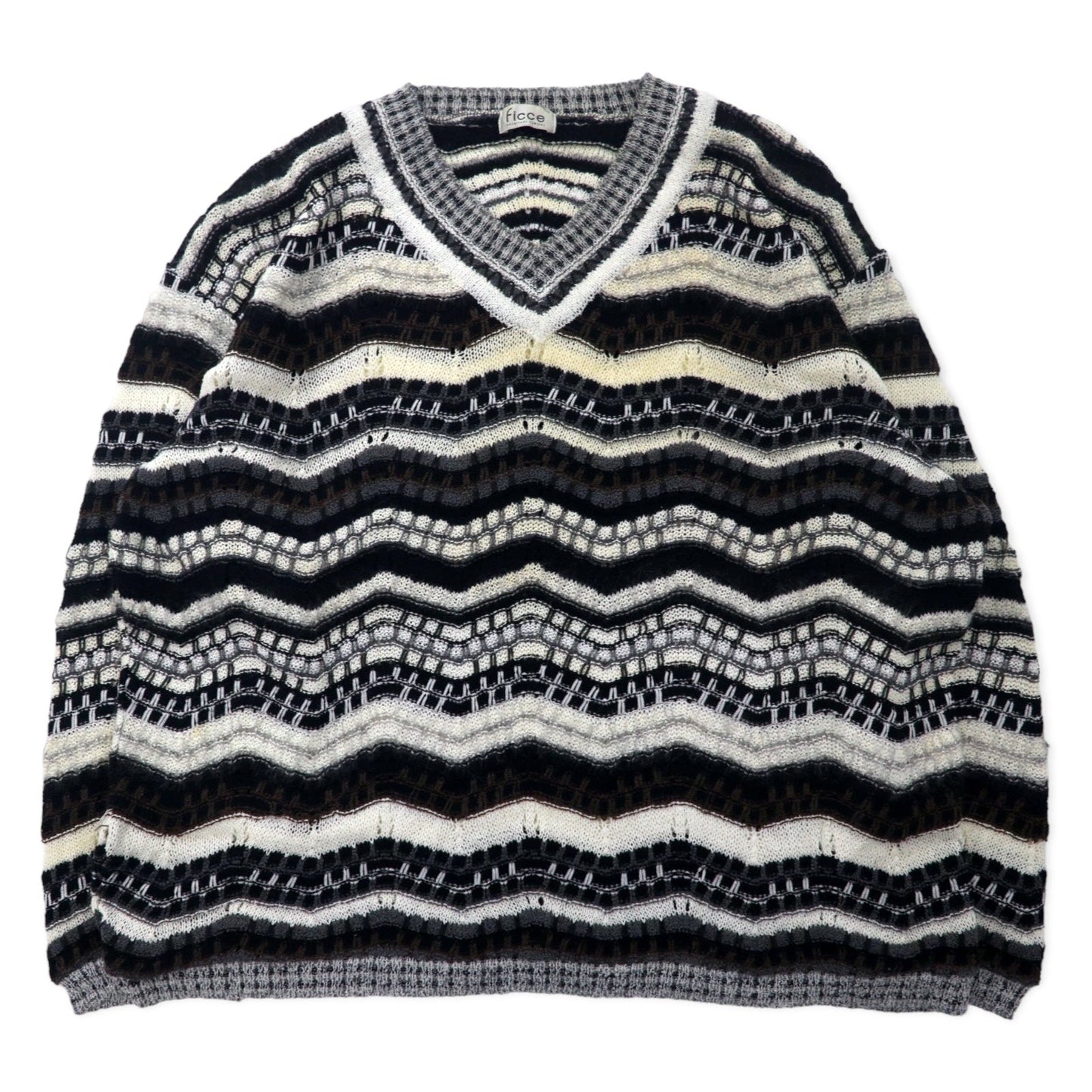Ficce YOSHIYUKI KONISHI Vネック 3D デザイン ニット セーター L マルチカラー ウール 日本製