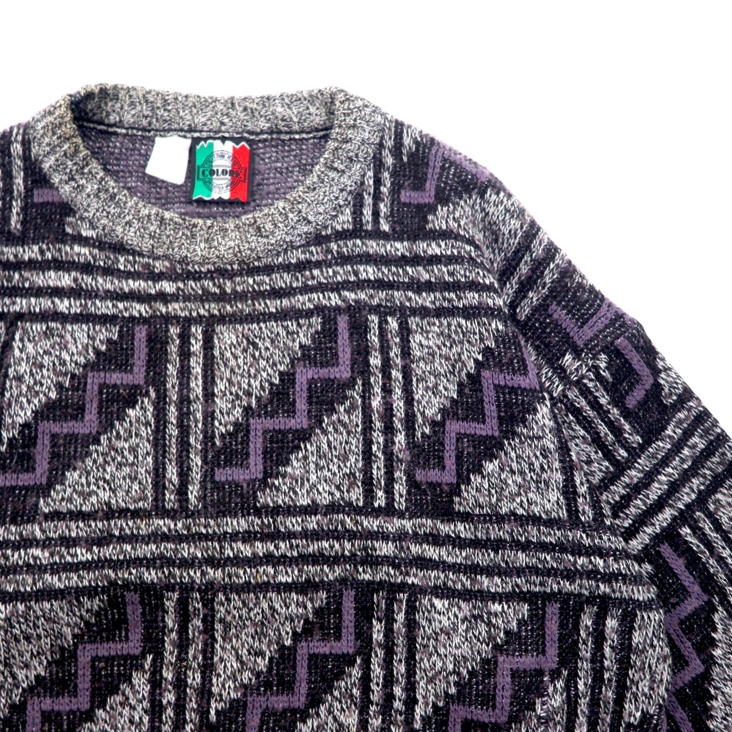 イタリア製 90年代 COLORE 総柄 ジャガード ニット セーター XL グレー アクリル 幾何学柄
