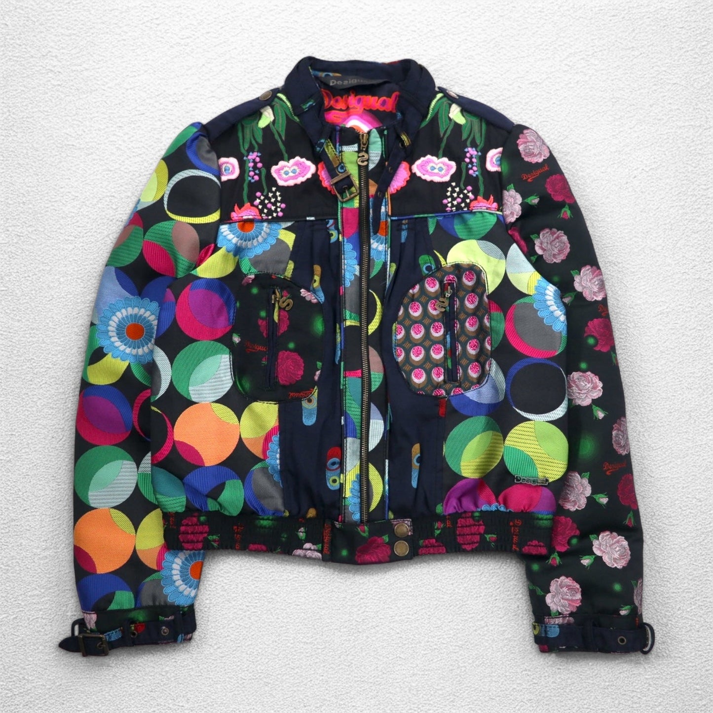 Desigual 総柄 シングル ライダースジャケット M ブラック 花柄 刺繍 DAMEN JACKET 10E2980 モロッコ製
