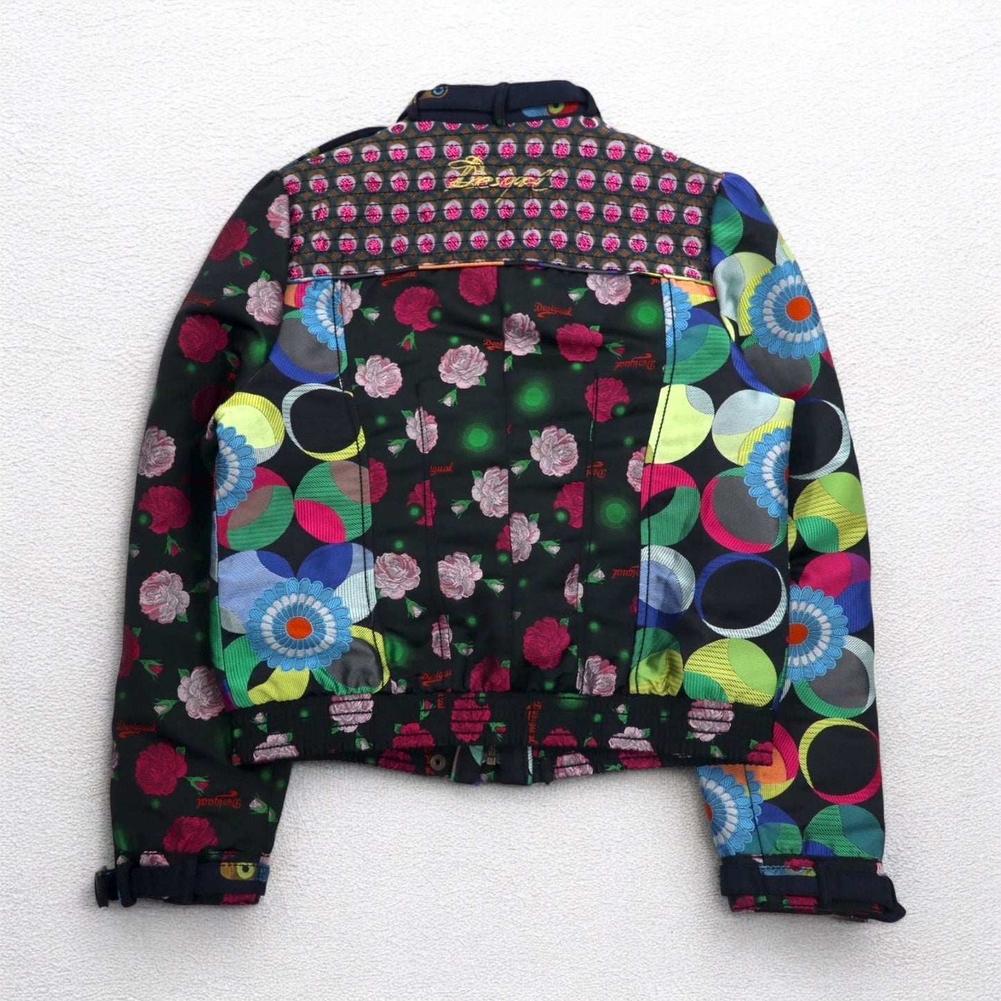 Desigual 総柄 シングル ライダースジャケット M ブラック 花柄 刺繍 DAMEN JACKET 10E2980 モロッコ製