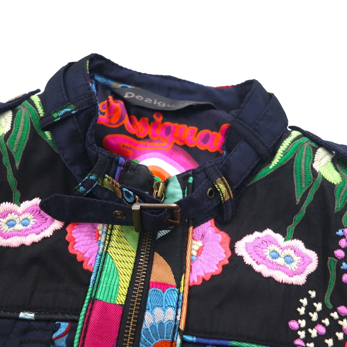 Desigual 総柄 シングル ライダースジャケット M ブラック 花柄 刺繍 DAMEN JACKET 10E2980 モロッコ製