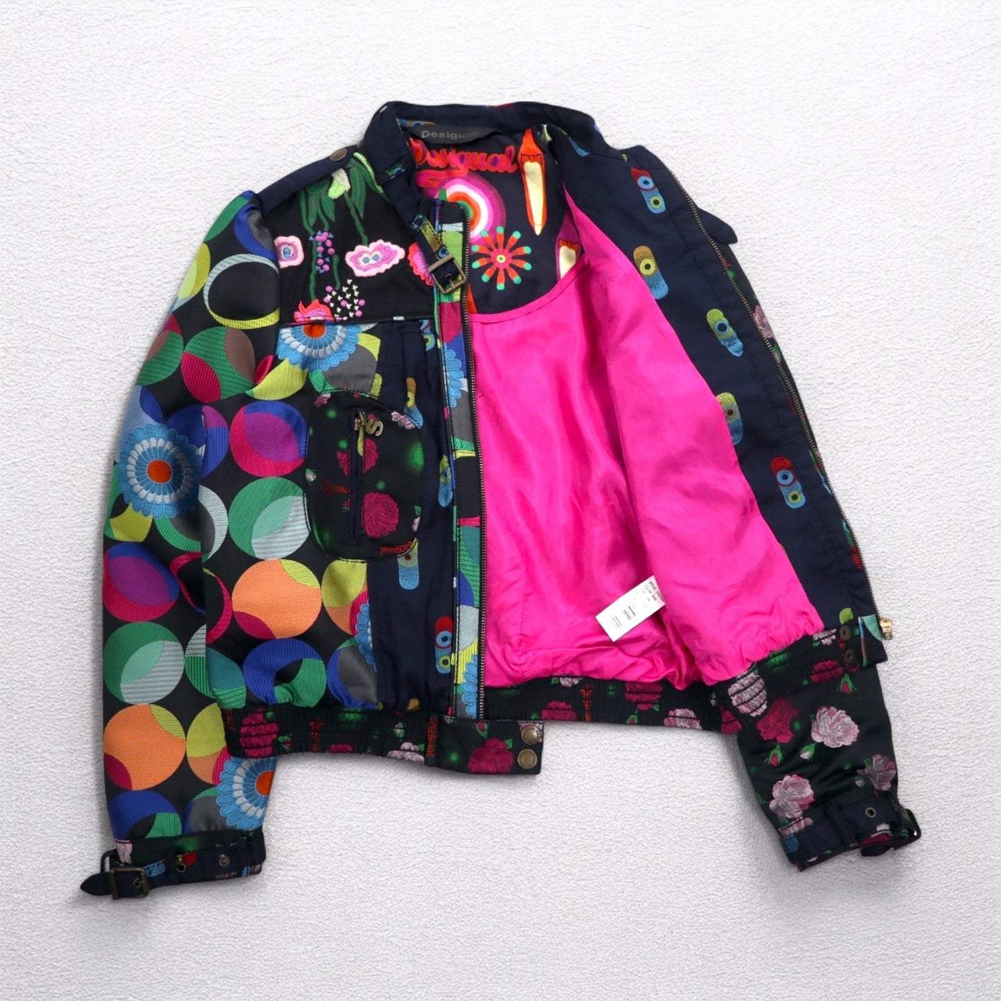 Desigual 総柄 シングル ライダースジャケット M ブラック 花柄 刺繍 DAMEN JACKET 10E2980 モロッコ製