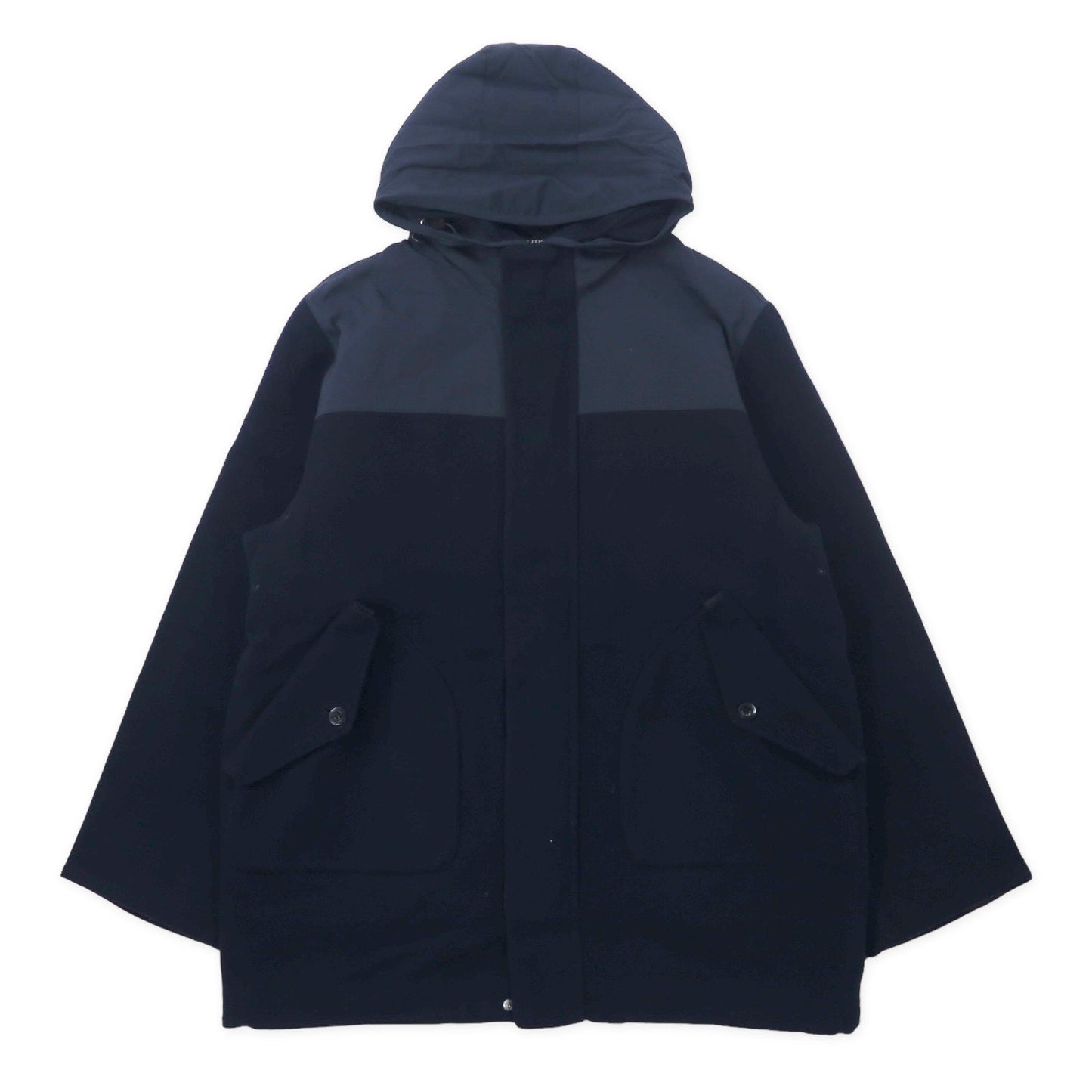 NAUTICA 異素材切り替え オーバーコート XL ネイビー ウール フード収納式 ダブルジップ