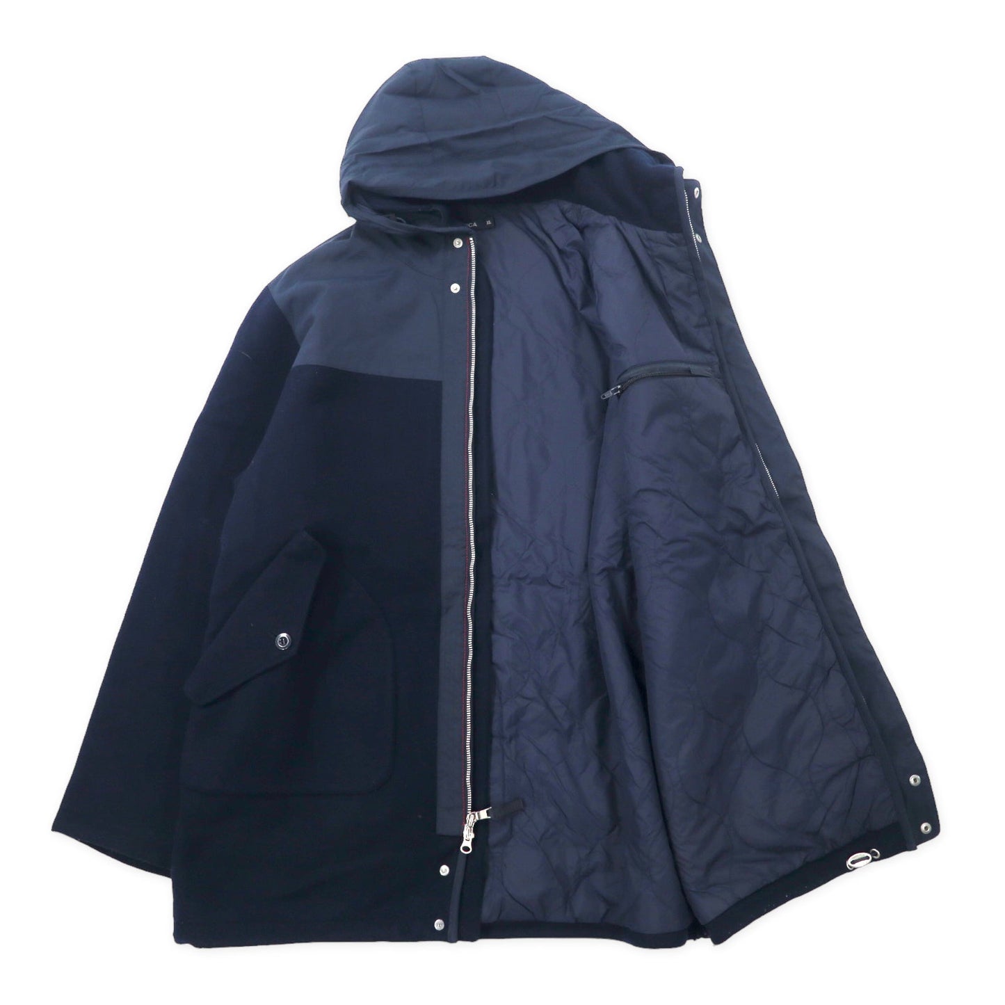NAUTICA 異素材切り替え オーバーコート XL ネイビー ウール フード収納式 ダブルジップ