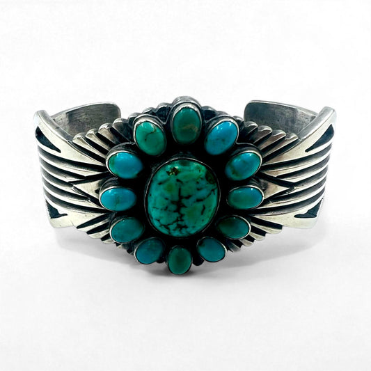 Navajo 60s Flower Turquoise Cluster Cuff Bracelet ナバホ族 インディアンジュエリー バングル STERLING シルバー ターコイズ