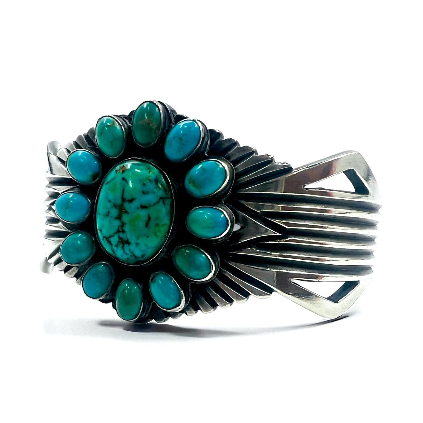 Navajo 60s Flower Turquoise Cluster Cuff Bracelet ナバホ族 インディアンジュエリー バングル STERLING シルバー ターコイズ