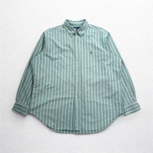 Ralph Lauren 90年代 オックスフォード ボタンダウンシャツ XL グリーン ストライプ スモールポニー刺繍