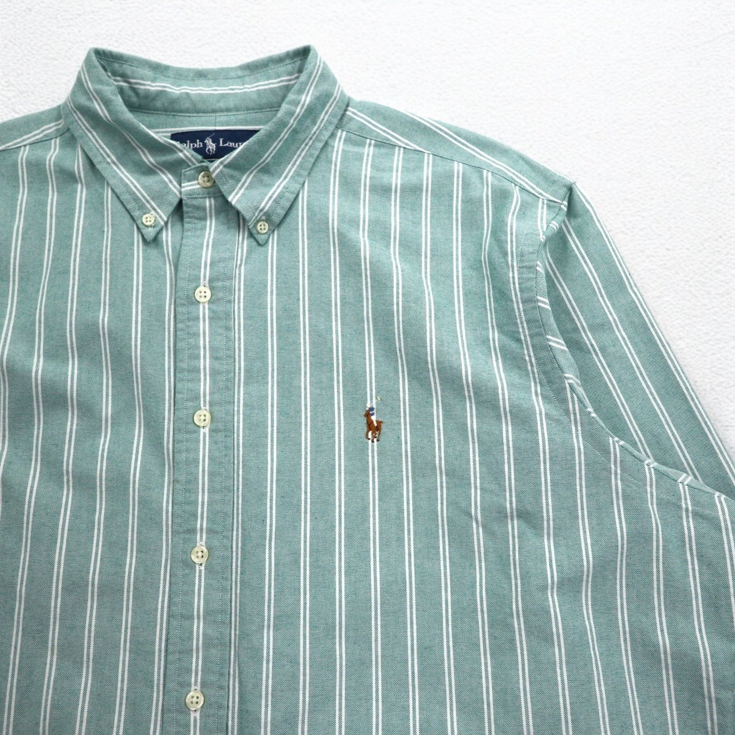 Ralph Lauren 90年代 オックスフォード ボタンダウンシャツ XL グリーン ストライプ スモールポニー刺繍