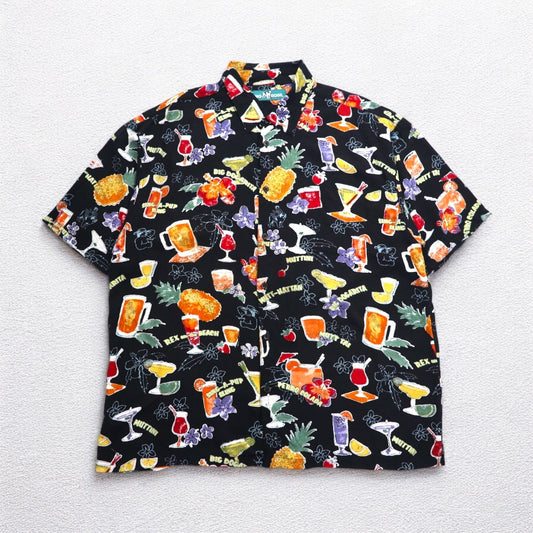 BIG DOGS 90年代 アロハシャツ 2XL ビッグサイズ ブラック レーヨン 総柄 お酒 カクテル 胸ポケット