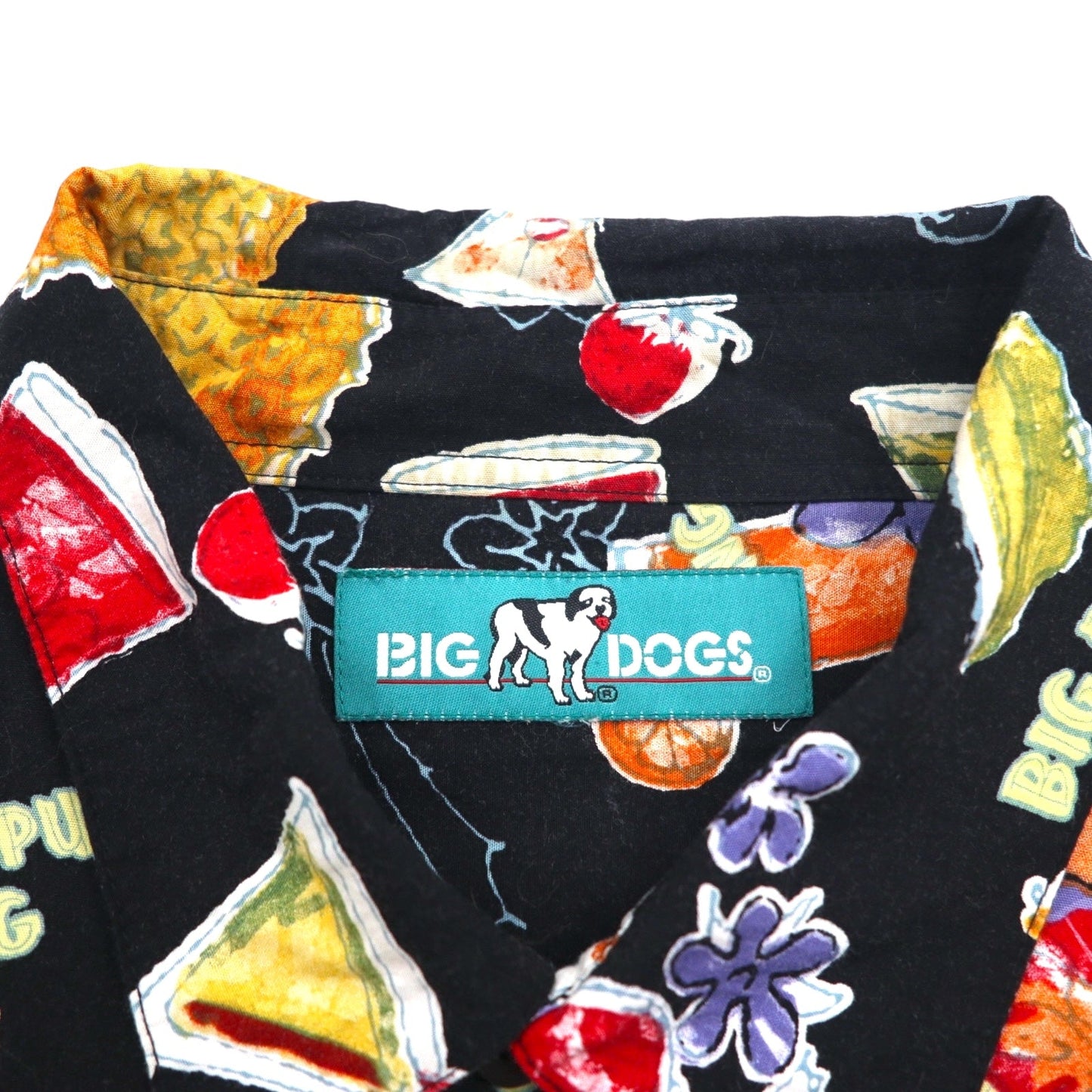 BIG DOGS 90年代 アロハシャツ 2XL ビッグサイズ ブラック レーヨン 総柄 お酒 カクテル 胸ポケット