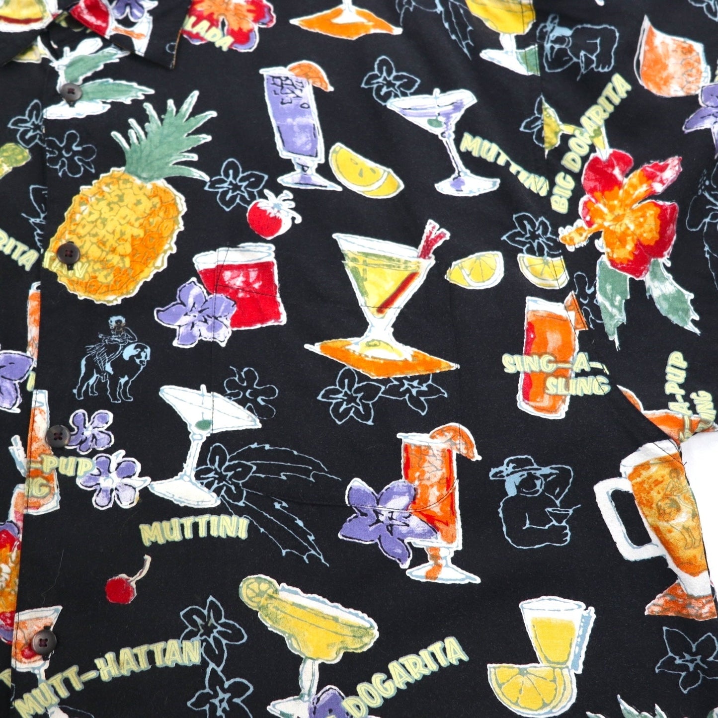 BIG DOGS 90年代 アロハシャツ 2XL ビッグサイズ ブラック レーヨン 総柄 お酒 カクテル 胸ポケット