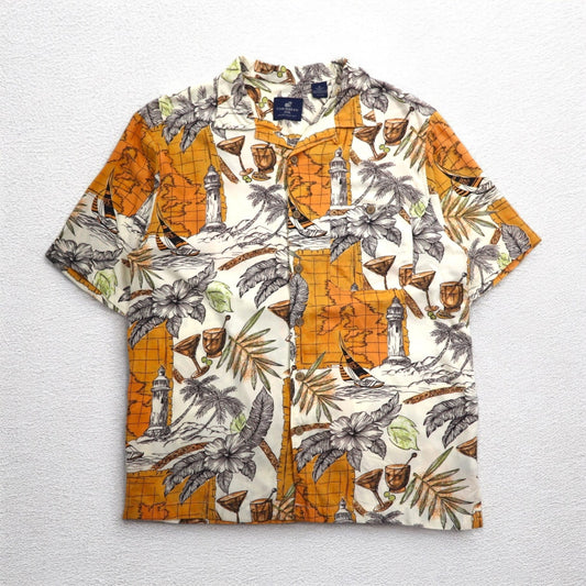 CARIBBEAN JOE 90年代 オープンカラー 開襟 アロハシャツ M オレンジ レーヨン 総柄 ヤシの木 カクテル ハイビスカス