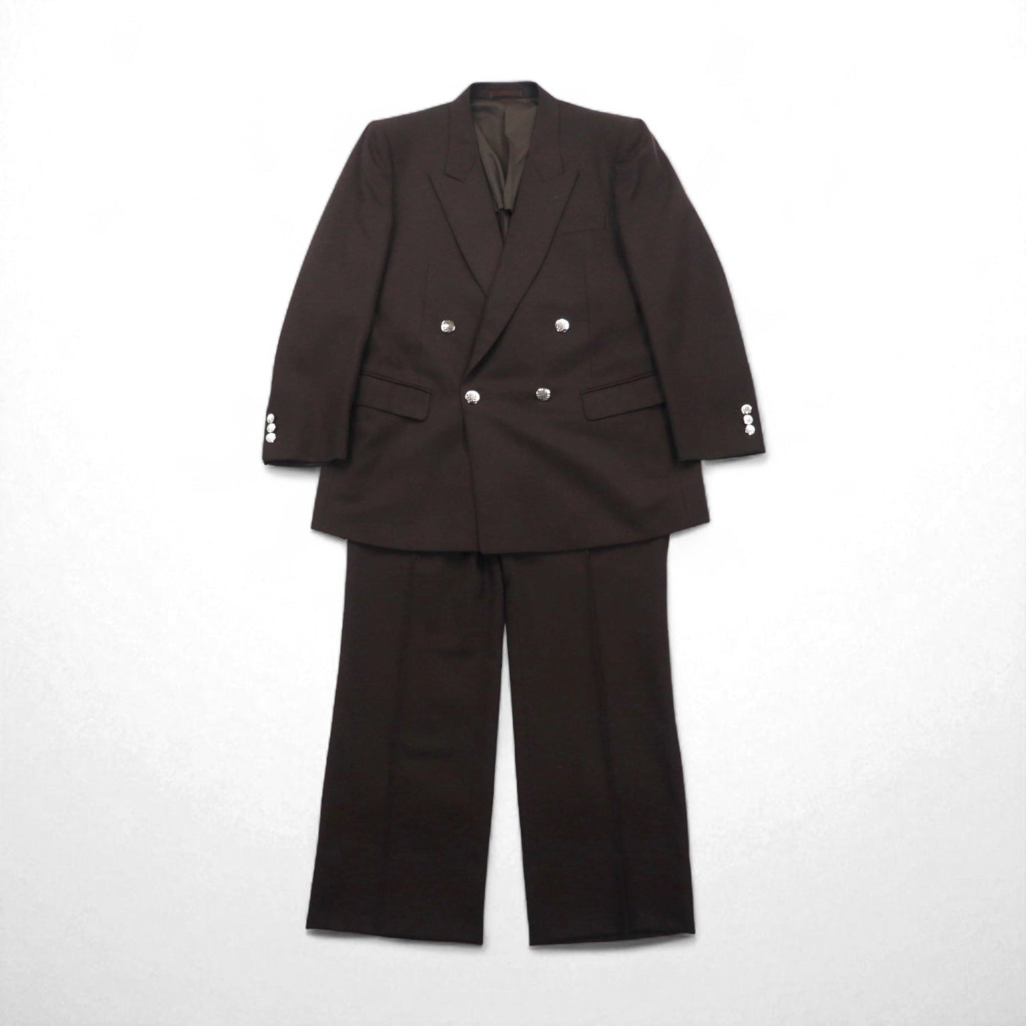 LANVIN ダブルブレスト ピークドラペル スーツ ブレザー セットアップ L ダークブラウン ウール メタルボタン ワイド