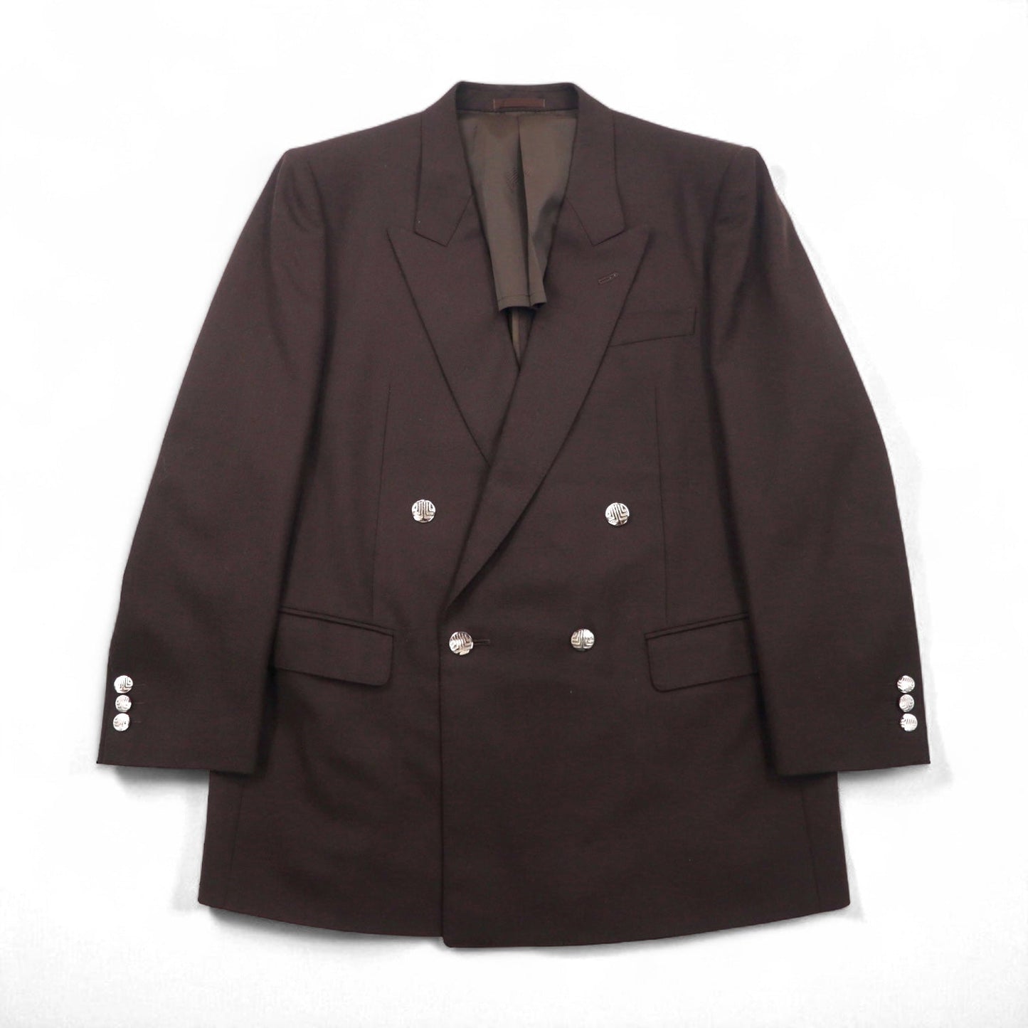 LANVIN ダブルブレスト ピークドラペル スーツ ブレザー セットアップ L ダークブラウン ウール メタルボタン ワイド
