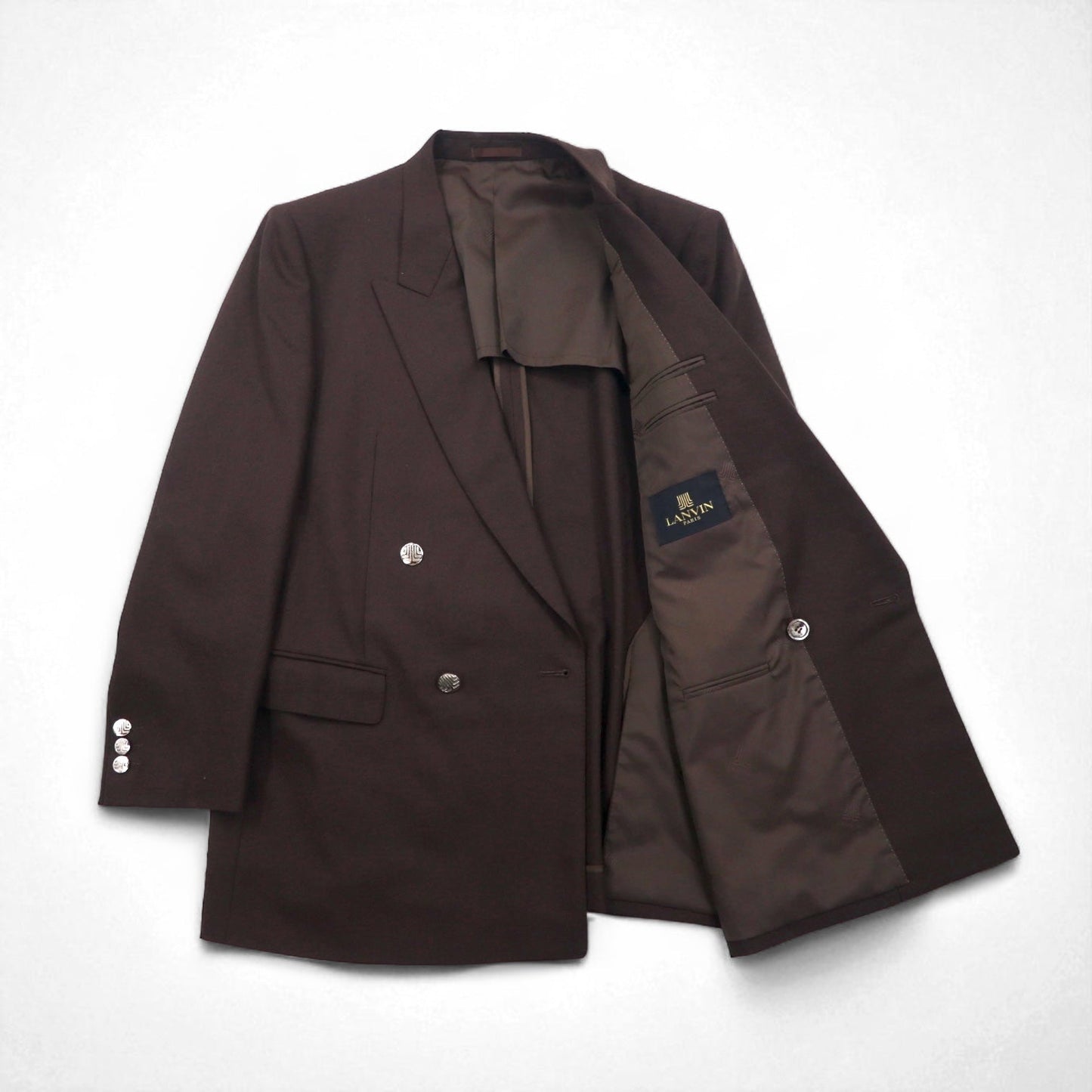 LANVIN ダブルブレスト ピークドラペル スーツ ブレザー セットアップ L ダークブラウン ウール メタルボタン ワイド