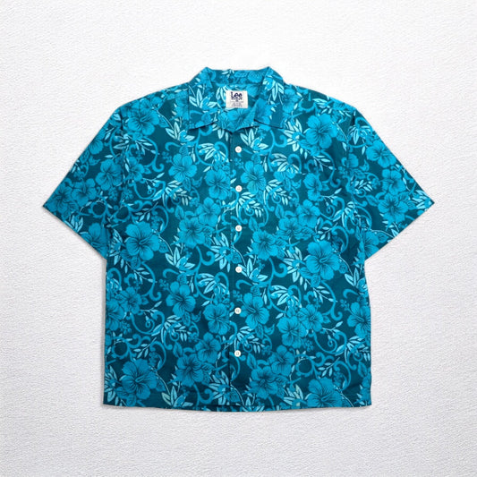 Lee SPORT 90年代 開襟 オープンカラー アロハシャツ L ブルー コットン 総柄 ハイビスカス