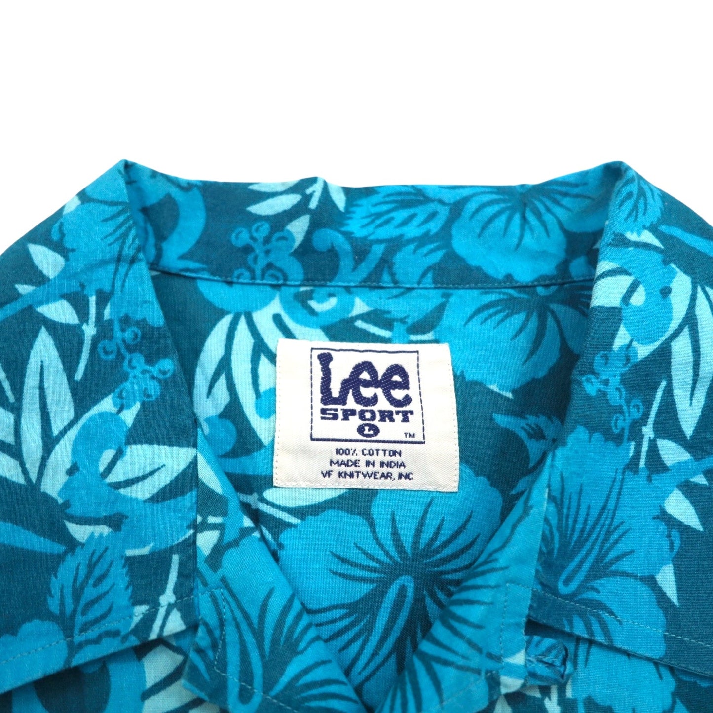 Lee SPORT 90年代 開襟 オープンカラー アロハシャツ L ブルー コットン 総柄 ハイビスカス