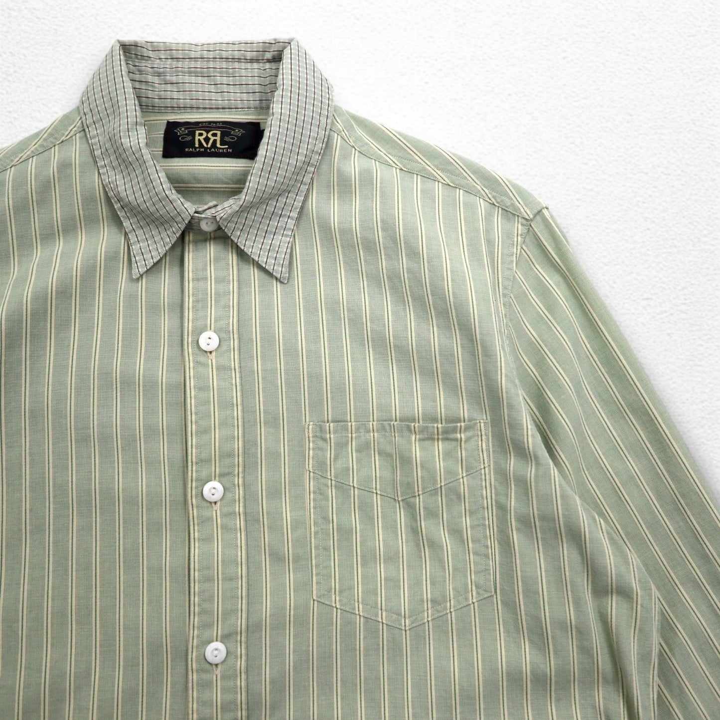 RRL DOUBLE RL RALPH LAUREN クレリックシャツ S グリーン ストライプ チンストラップ