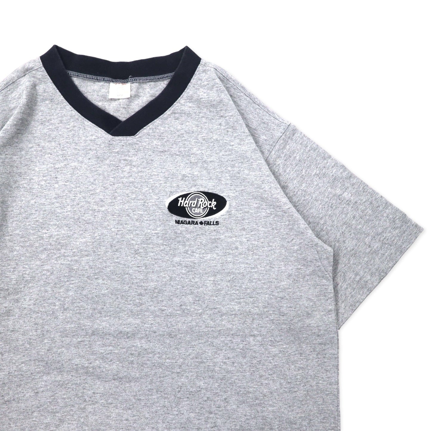Hard Rock CAFE カナダ製 90年代 リンガーTシャツ M グレー コットン ワンポイントロゴ刺繍 NIAGARA FALLS ビッグサイズ