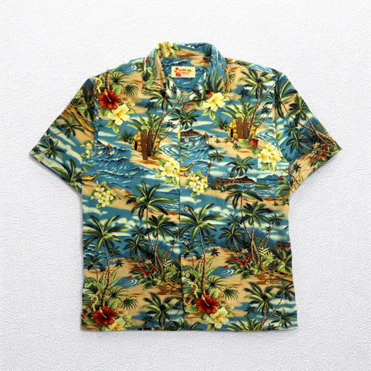 ALOHA JOE アロハシャツ 開襟 オープンカラー L ブルー 総柄 ヤシの木 ハイビスカス サーフィン