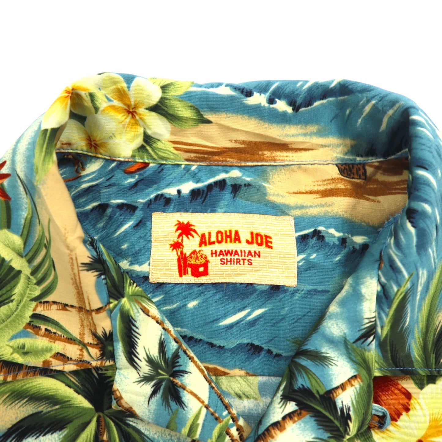 ALOHA JOE アロハシャツ 開襟 オープンカラー L ブルー 総柄 ヤシの木 ハイビスカス サーフィン