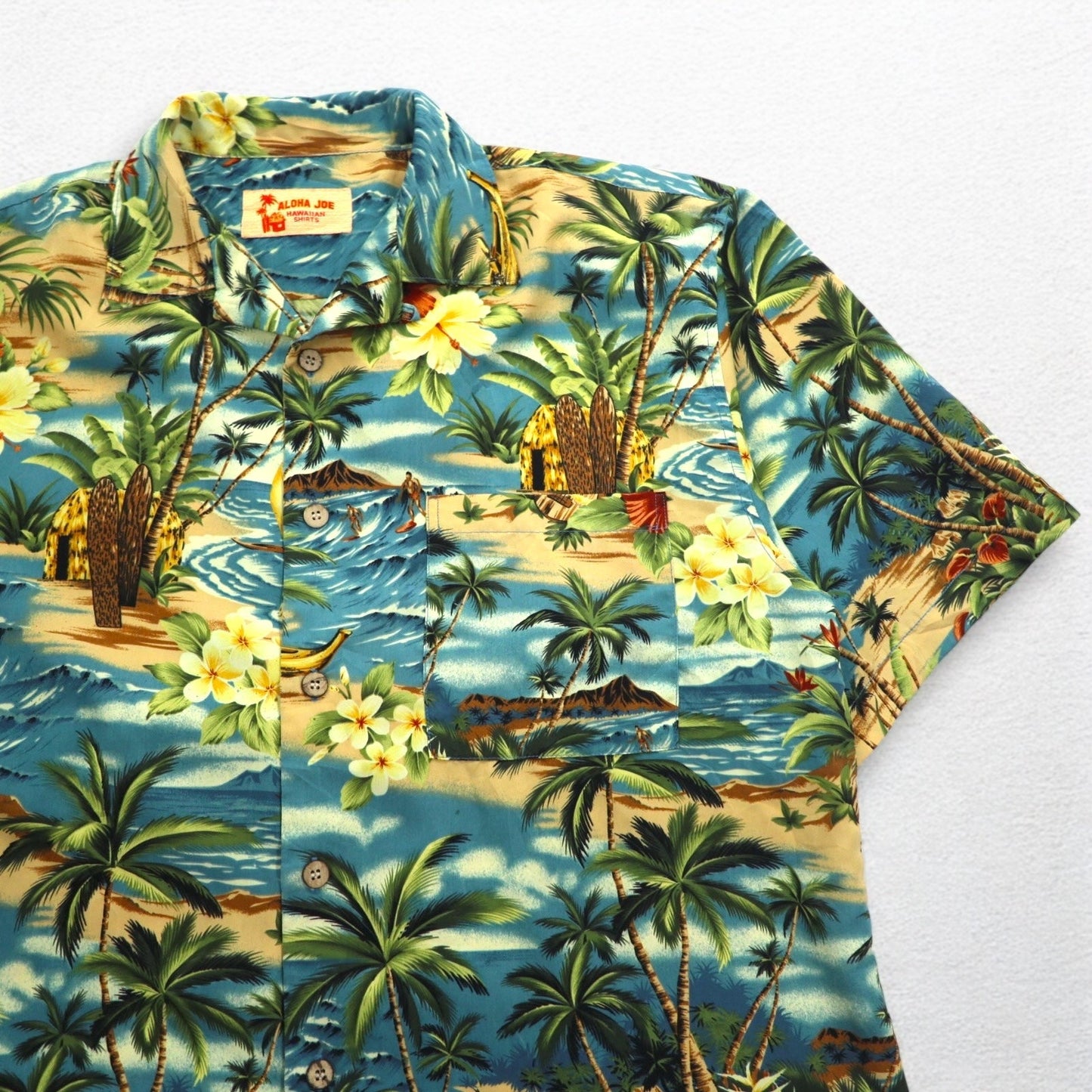 ALOHA JOE アロハシャツ 開襟 オープンカラー L ブルー 総柄 ヤシの木 ハイビスカス サーフィン