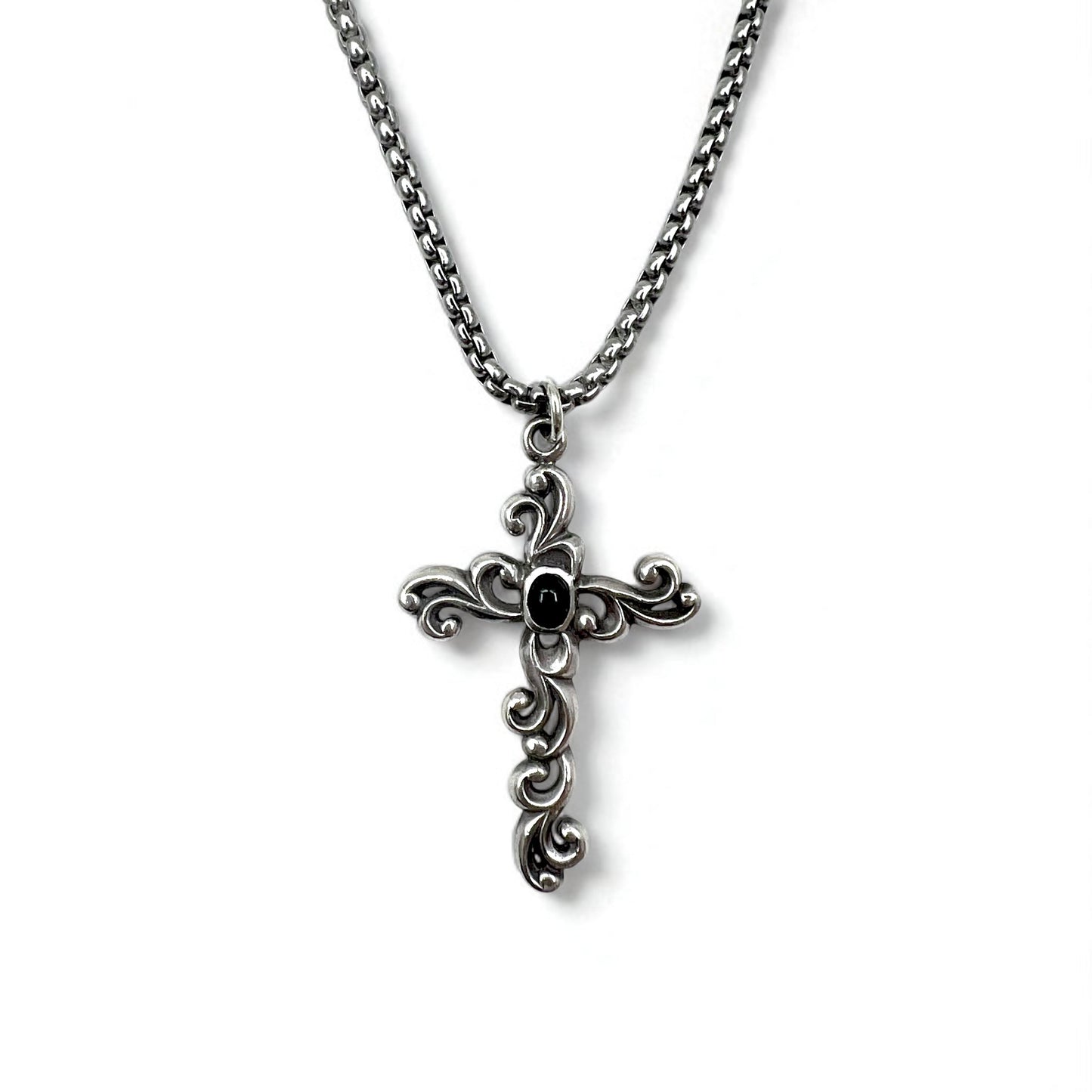 Vintage Silver Cross Necklace ヴィンテージ 浮き唐草彫り クロス 十字架 ネックレス ブラックオニキス シルバー 925