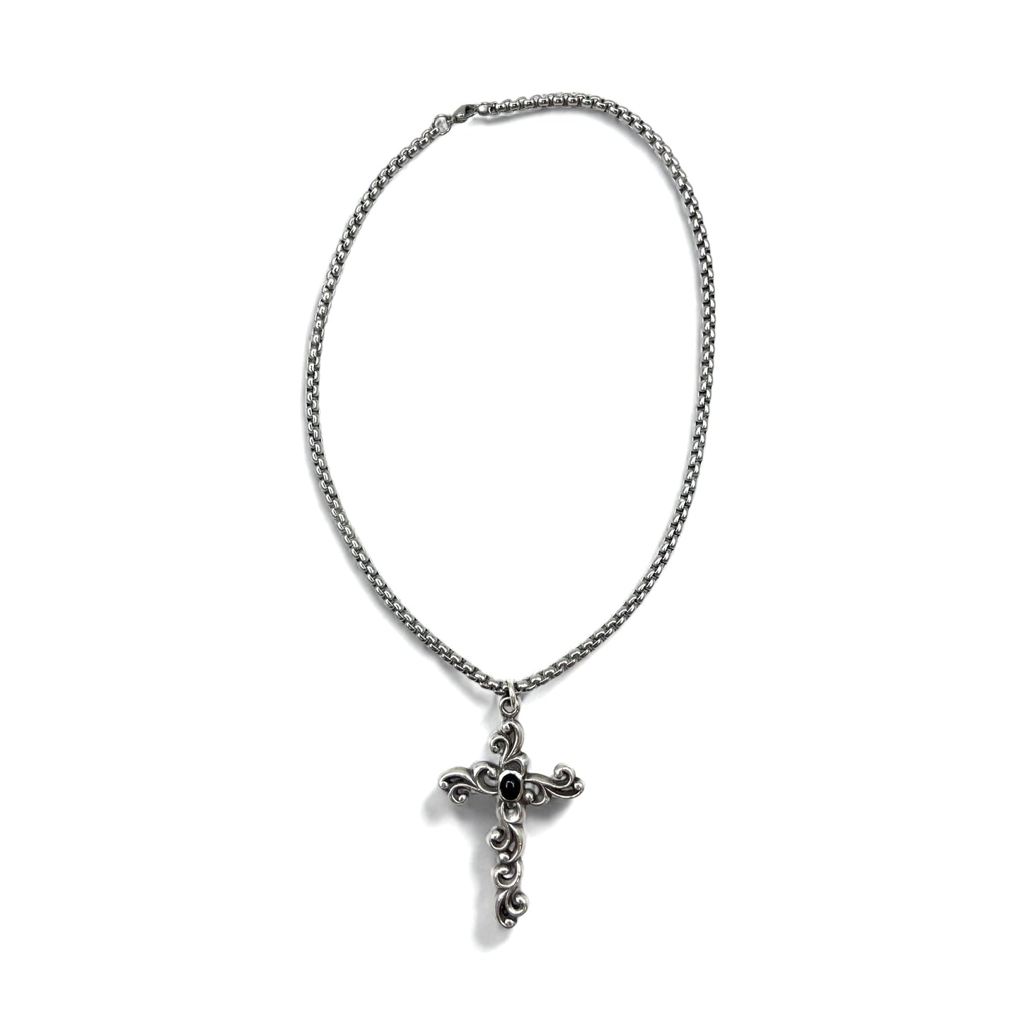 Vintage Silver Cross Necklace ヴィンテージ 浮き唐草彫り クロス 十字架 ネックレス ブラックオニキス シルバー 925