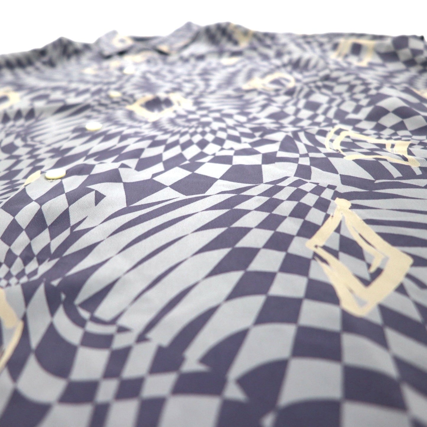 Vintage 90s Japan Made Retro Shirt LAMA LUCENTE 90年代 総柄 ポリシャツ FREE ブルー 幾何学柄 ポリエステル 日本製
