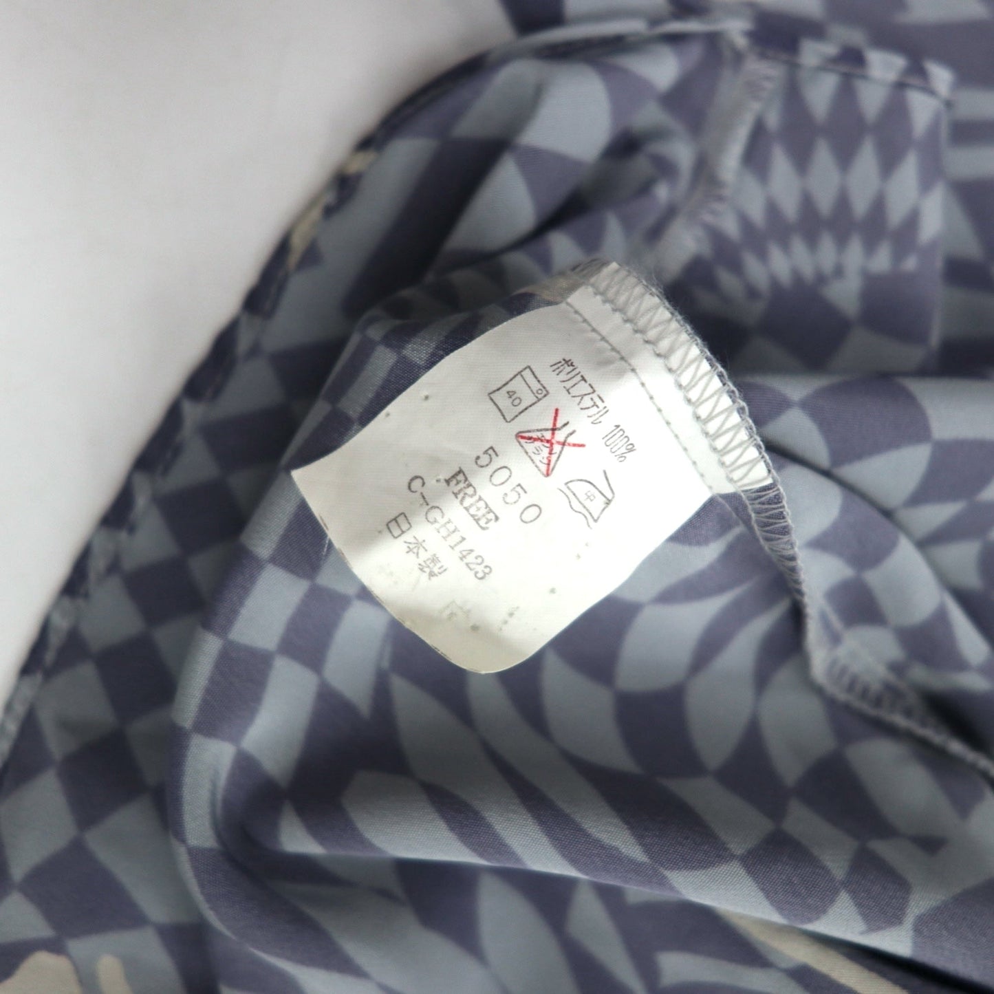 Vintage 90s Japan Made Retro Shirt LAMA LUCENTE 90年代 総柄 ポリシャツ FREE ブルー 幾何学柄 ポリエステル 日本製