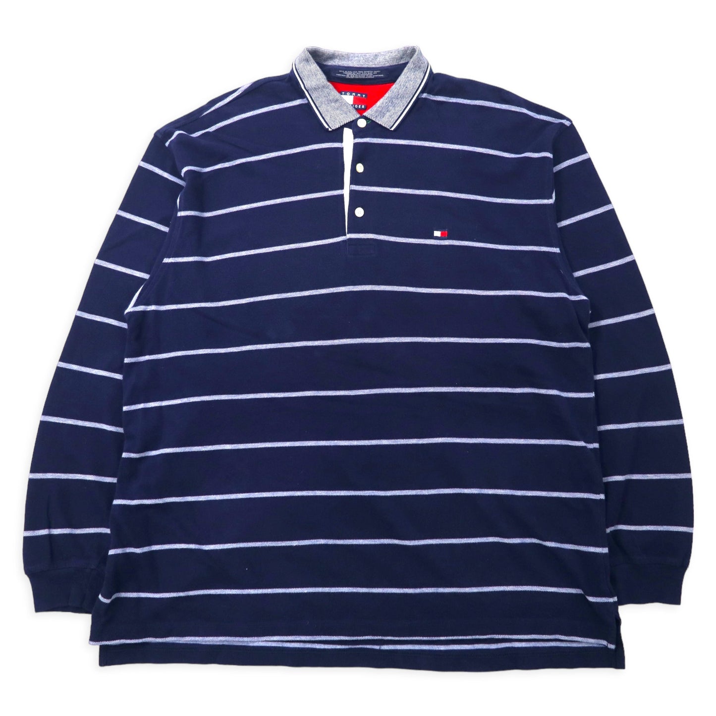 USA製 TOMMY HILFIGER 90年代 ボーダー ラガーシャツ 長袖ポロシャツ 2XLT ネイビー コットン ワンポイントロゴ刺繍 ビッグサイズ