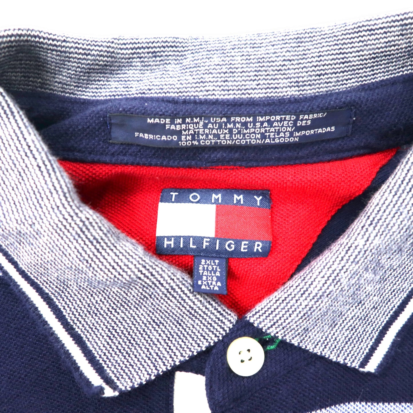 USA製 TOMMY HILFIGER 90年代 ボーダー ラガーシャツ 長袖ポロシャツ 2XLT ネイビー コットン ワンポイントロゴ刺繍 ビッグサイズ