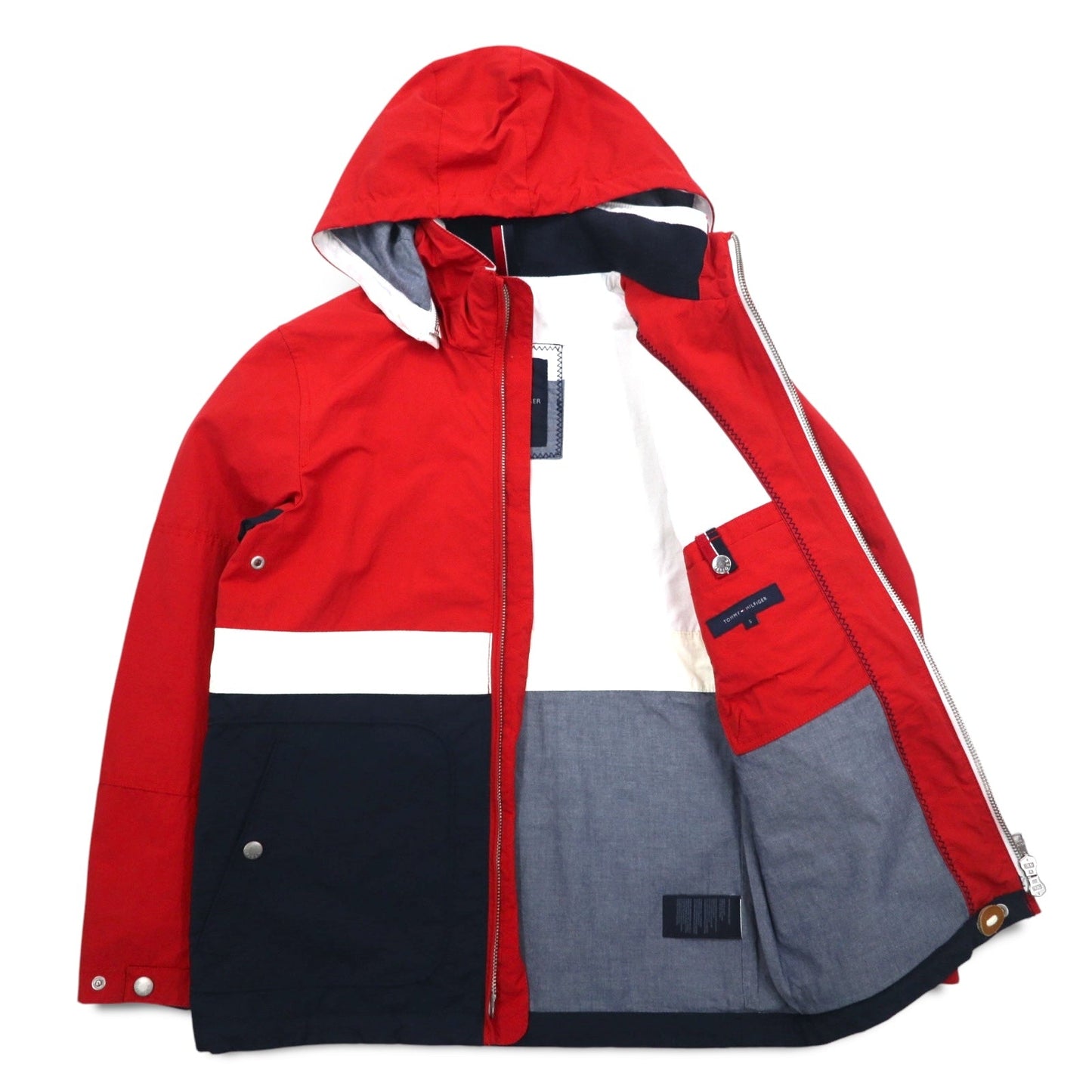 TOMMY HILFIGER セーリングジャケット マウンテンパーカー M レッド トリコロール ダブルジップ フード着脱式