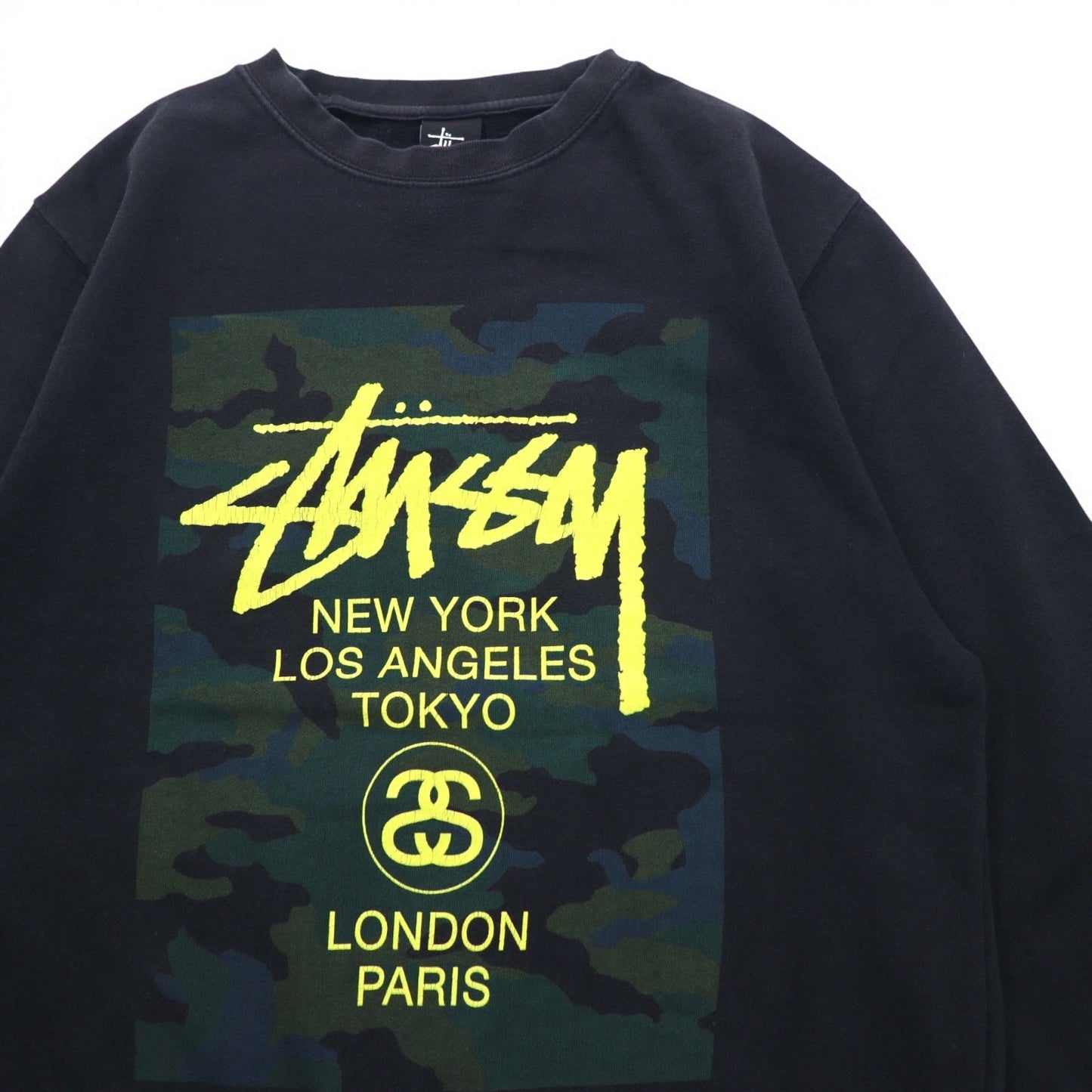 STUSSY USA製 ワールドツアー クルーネック スウェット L ブラック カモフラ WT Camo Block Sweat