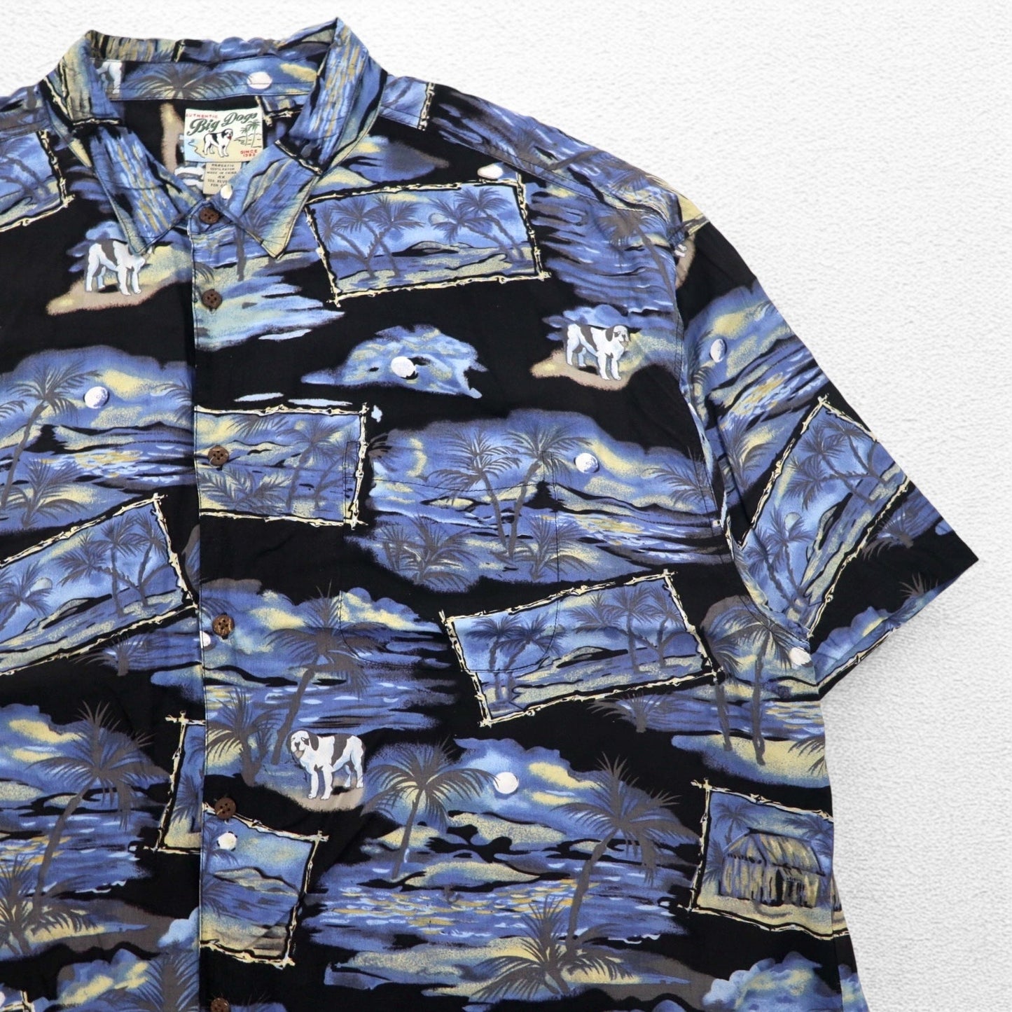 Big Dogs 90年代 アロハシャツ 4XL ビッグサイズ ブルー ブラック レーヨン 総柄 ヤシの木