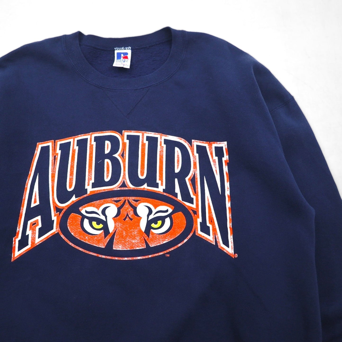 90年代 USA製 RUSSEL ATHLETIC カレッジプリント 前V スウェット トレーナー XL ネイビー 裏起毛 AUBURNS TIGERS アーチロゴ